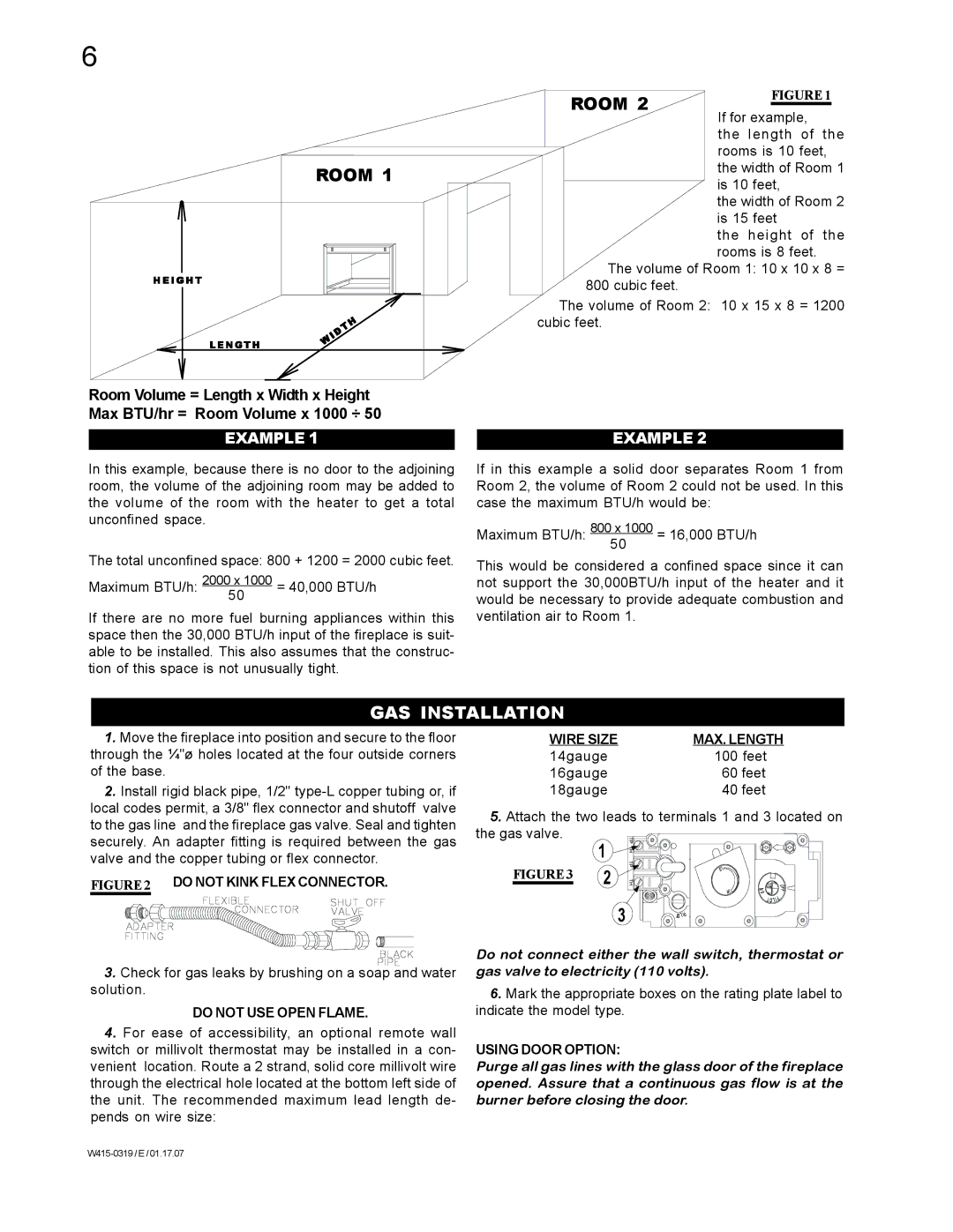 Napoleon Fireplaces fireplaces manual GAS Installation, Do not USE Open Flame, Wire Size MAX. Length, Using Door Option 