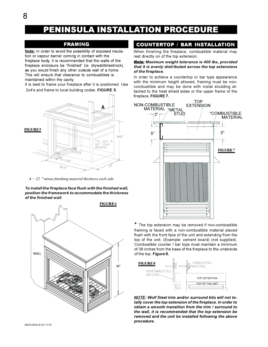 Napoleon Fireplaces fireplaces manual Peninsula Installation Procedure, Framing, Countertop / BAR Installation 