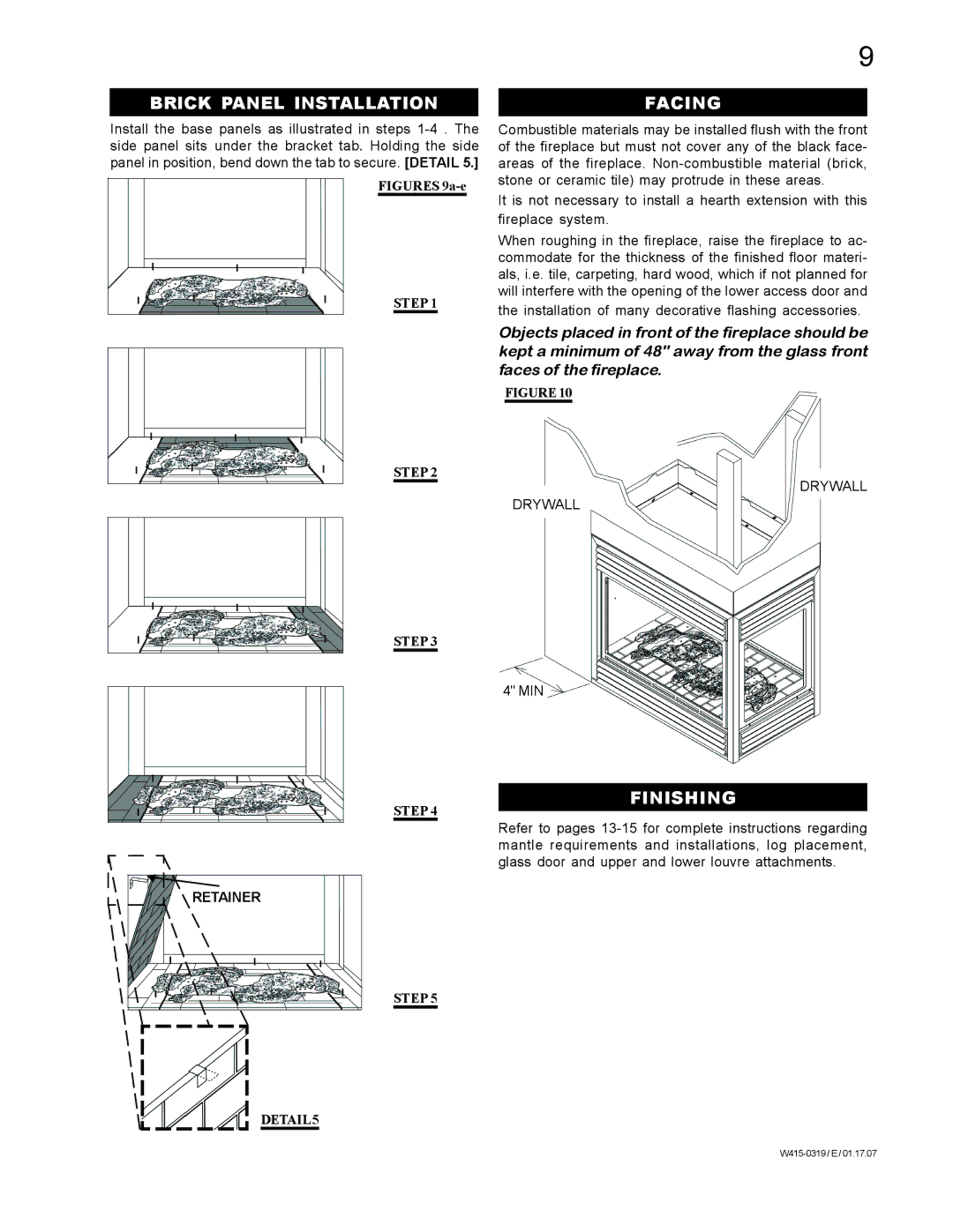 Napoleon Fireplaces fireplaces manual Brick Panel Installation, Facing, Finishing, Retainer 