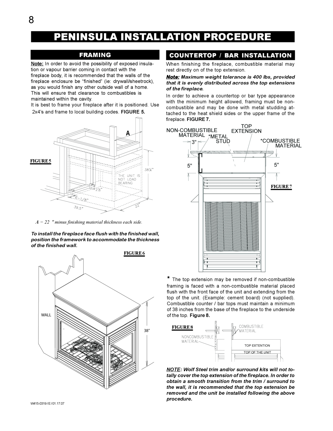 Napoleon Fireplaces fireplaces manual Peninsula Installation Procedure, Framing, Countertop / Bar Installation 