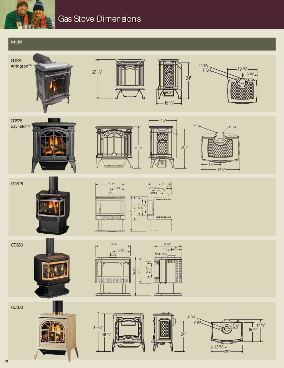 Napoleon Fireplaces Gas Burning Stoves manual Gas Stove Dimensions 