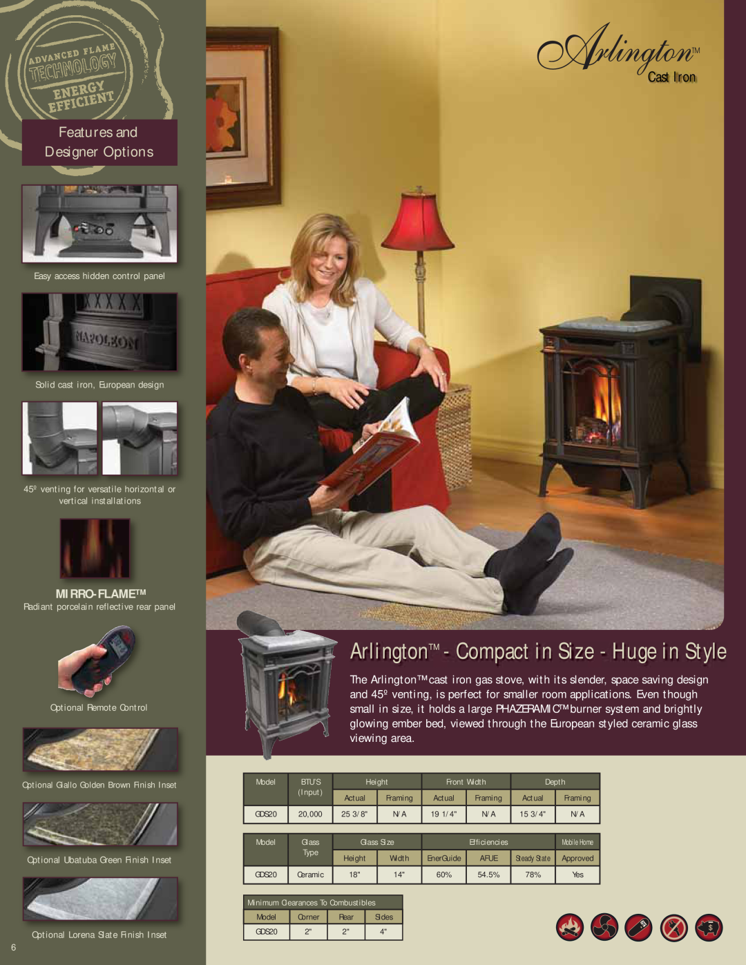Napoleon Fireplaces Gas Burning Stoves manual Cast Iron, Features and Designer Options, Mirro-Flame, vertical installations 