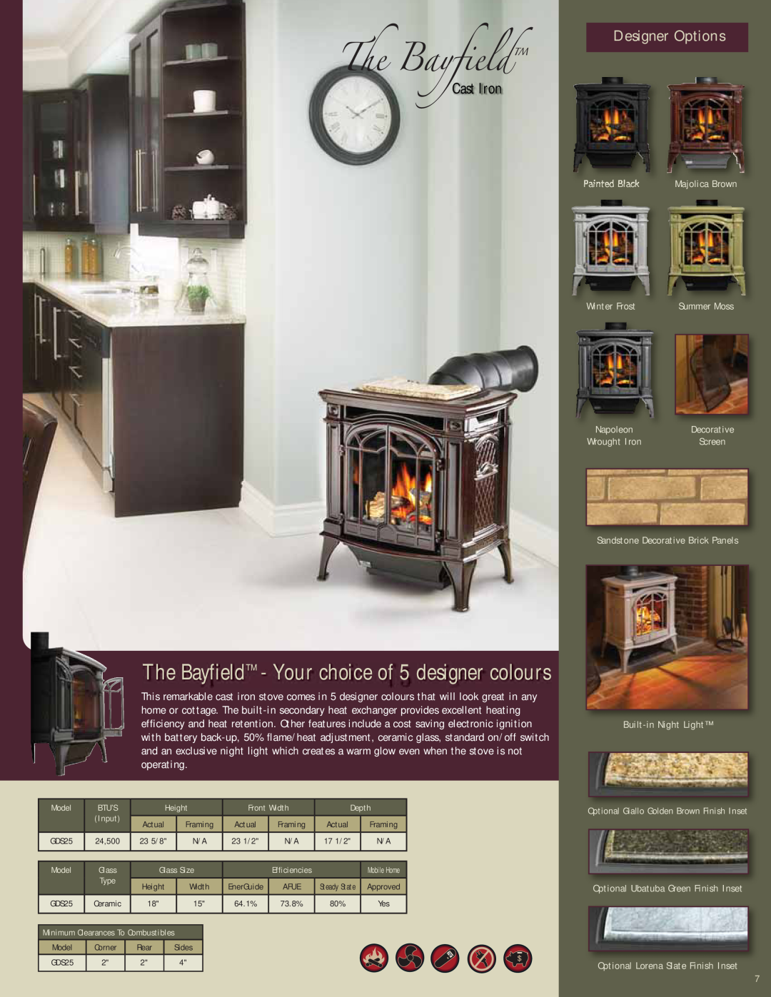Napoleon Fireplaces Gas Burning Stoves manual The Bayfield - Your choice of 5 designer colours, Designer Options, Cast Iron 