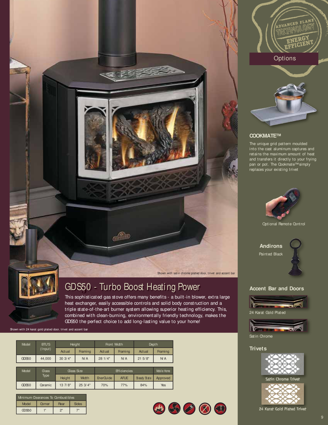Napoleon Fireplaces Gas Burning Stoves manual GDS50 - Turbo Boost Heating Power, Options, Cookmate, Andirons, Trivets 