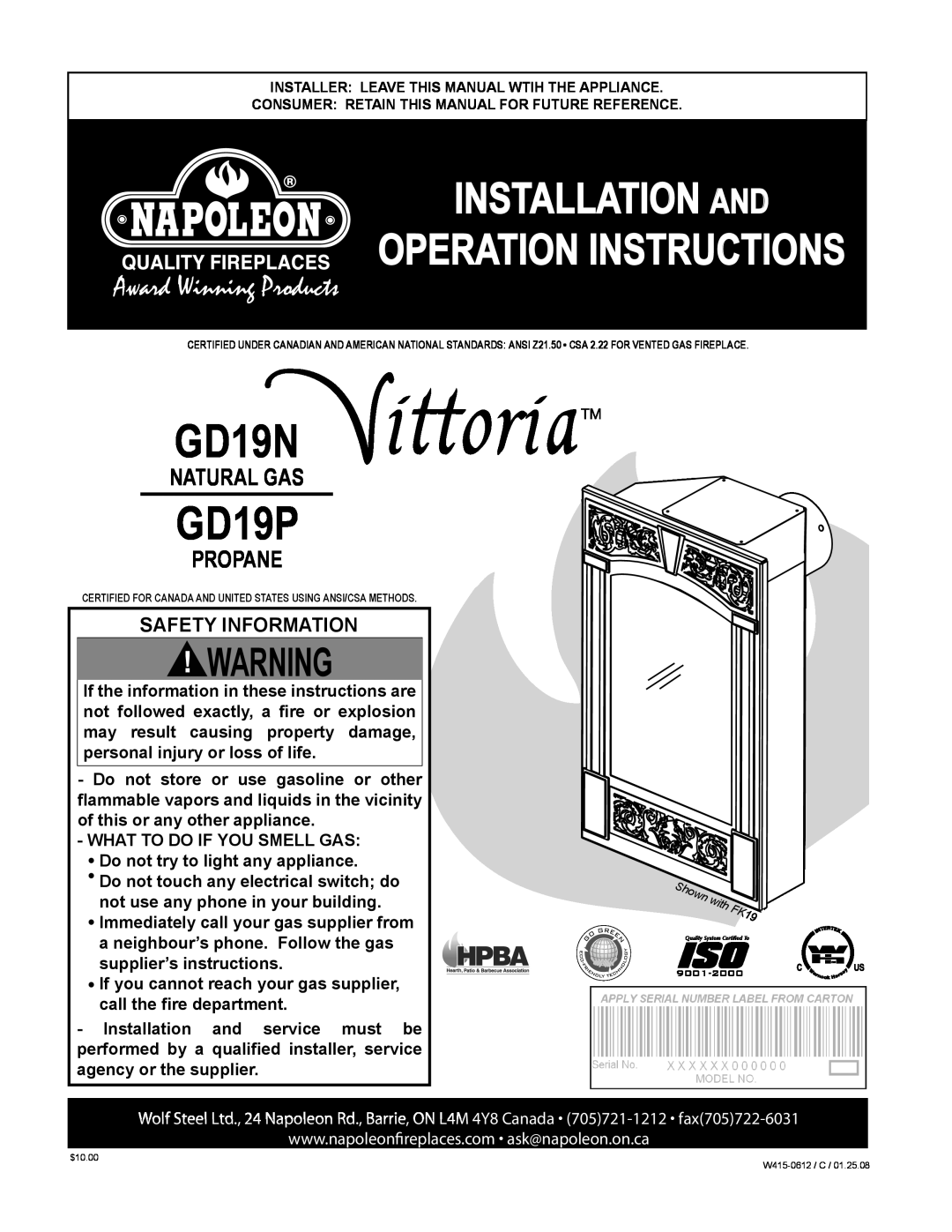 Napoleon Fireplaces GD19N manual GD19P, Installation And Operation Instructions, Natural Gas, Propane, Safety Information 