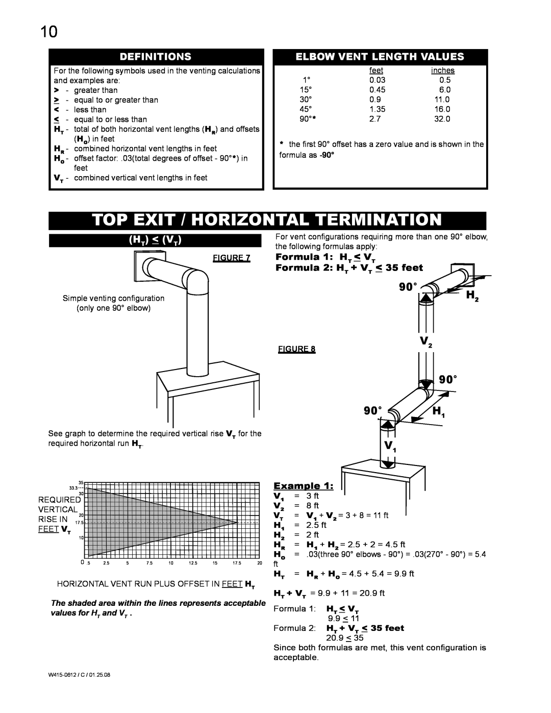 Napoleon Fireplaces GD19P, GD19N manual Top Exit / Horizontal Termination, Definitions, Elbow Vent Length Values, Ht Vt 