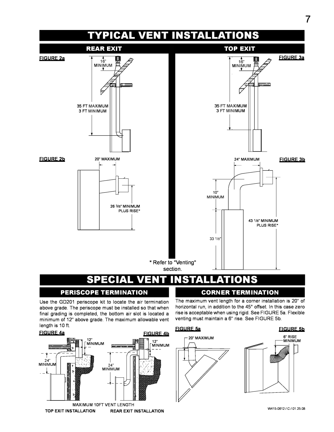 Napoleon Fireplaces GD19N Typical Vent Installations, Special Vent Installations, Rear Exit, Top Exit, Corner Termination 