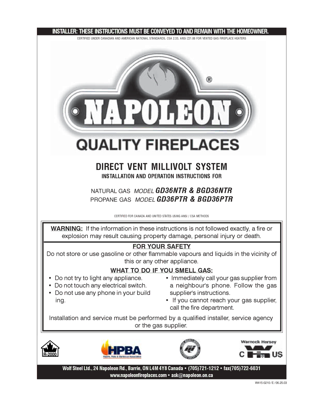 Napoleon Fireplaces BGD36NTR, BGD36PTR manual Direct Vent Millivolt System 