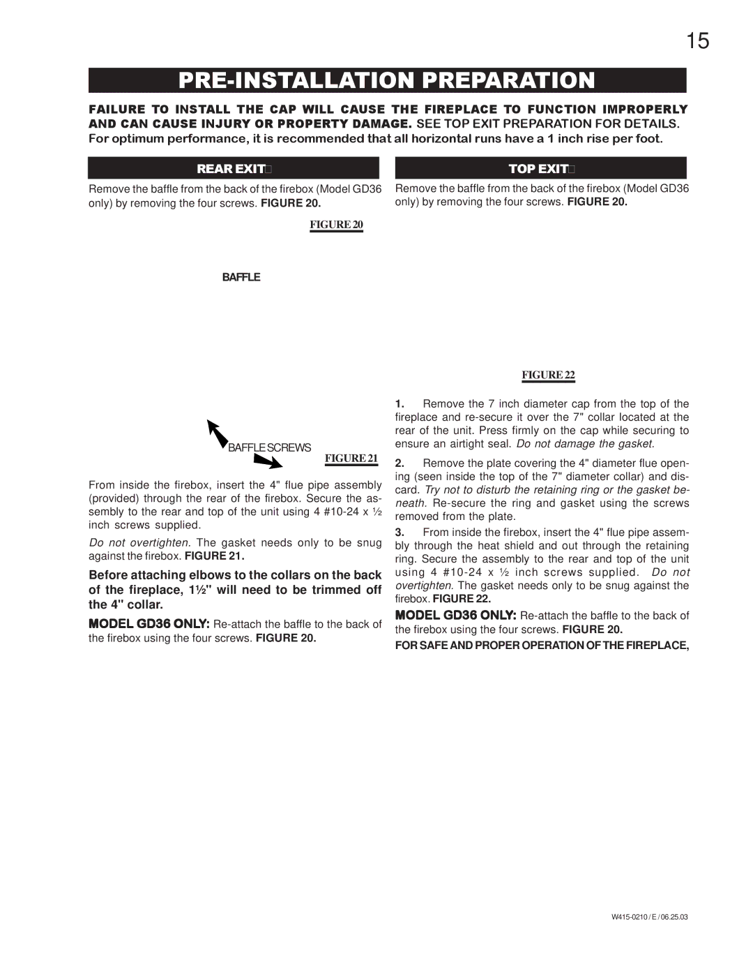 Napoleon Fireplaces BGD36PTR, GD36NTR PRE-INSTALLATION Preparation, Baffle, For Safe and Proper Operation of the Fireplace 