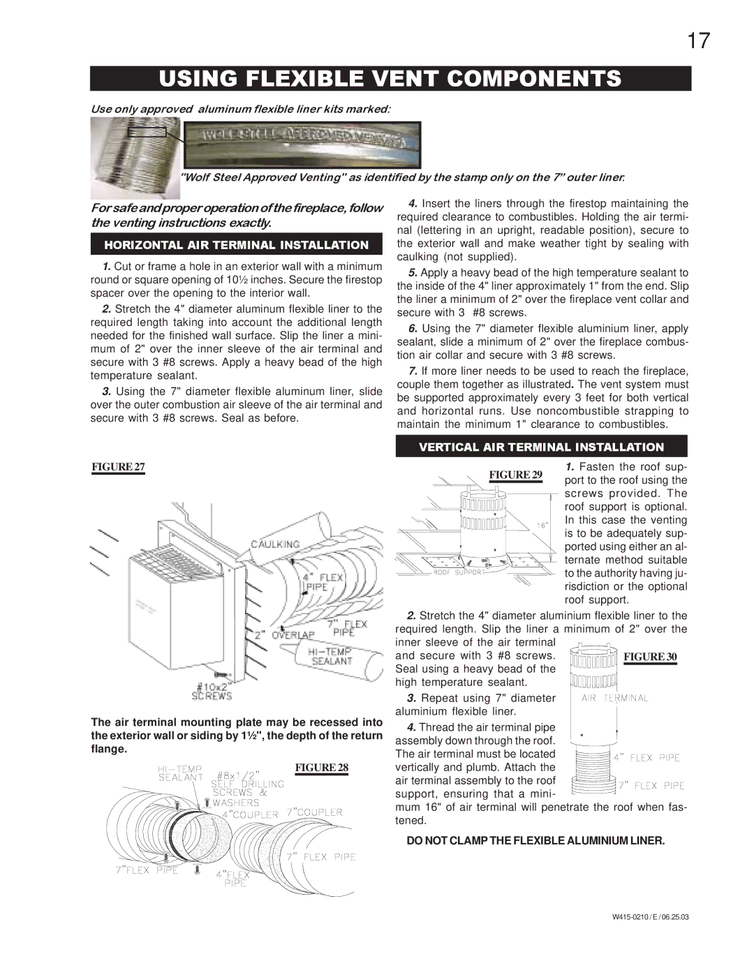 Napoleon Fireplaces GD36PTR, BGD36NTR manual Using Flexible Vent Components, Do not Clamp the Flexible Aluminium Liner 