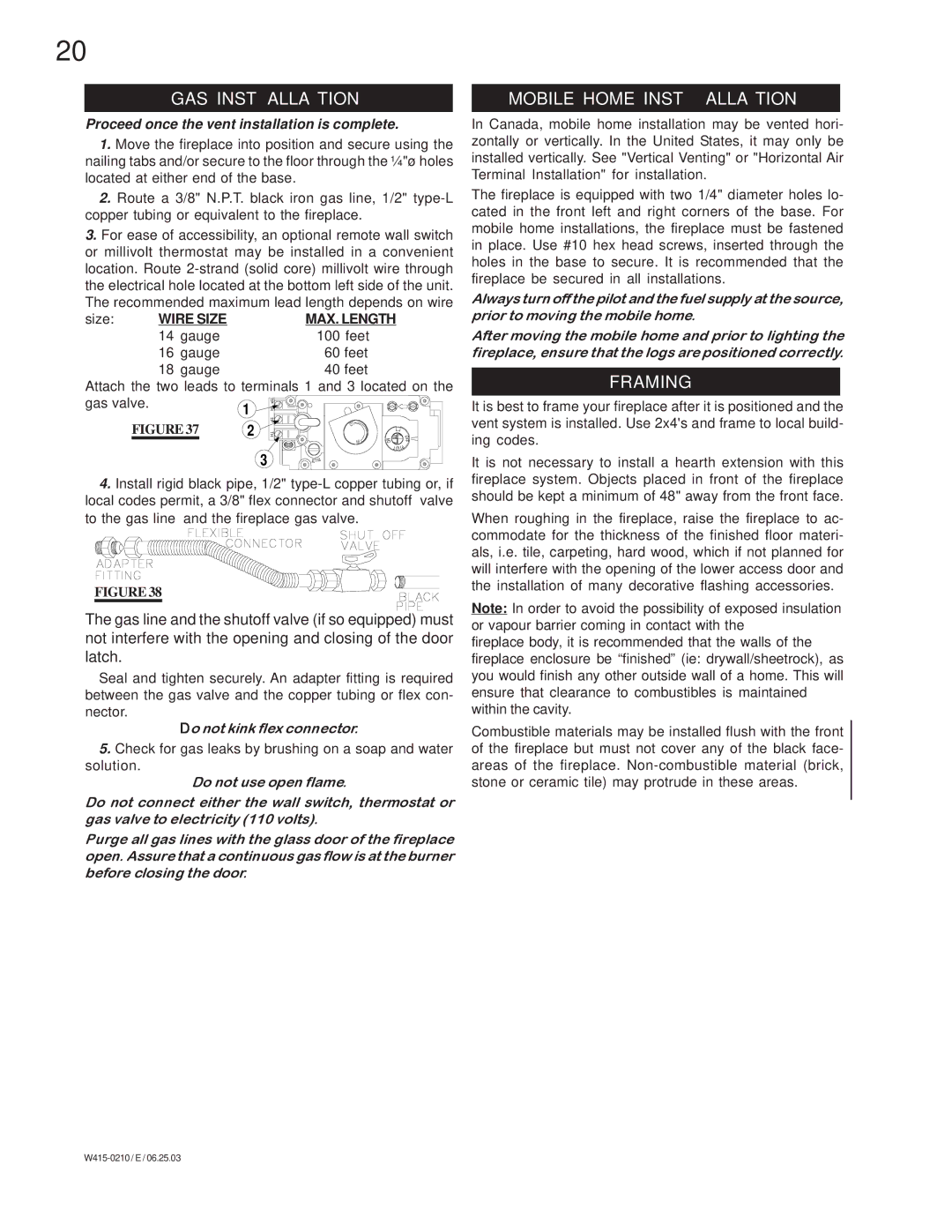 Napoleon Fireplaces GD36PTR, BGD36NTR manual GAS Installation, Mobile Home Installation, Framing, Wire Size MAX. Length 