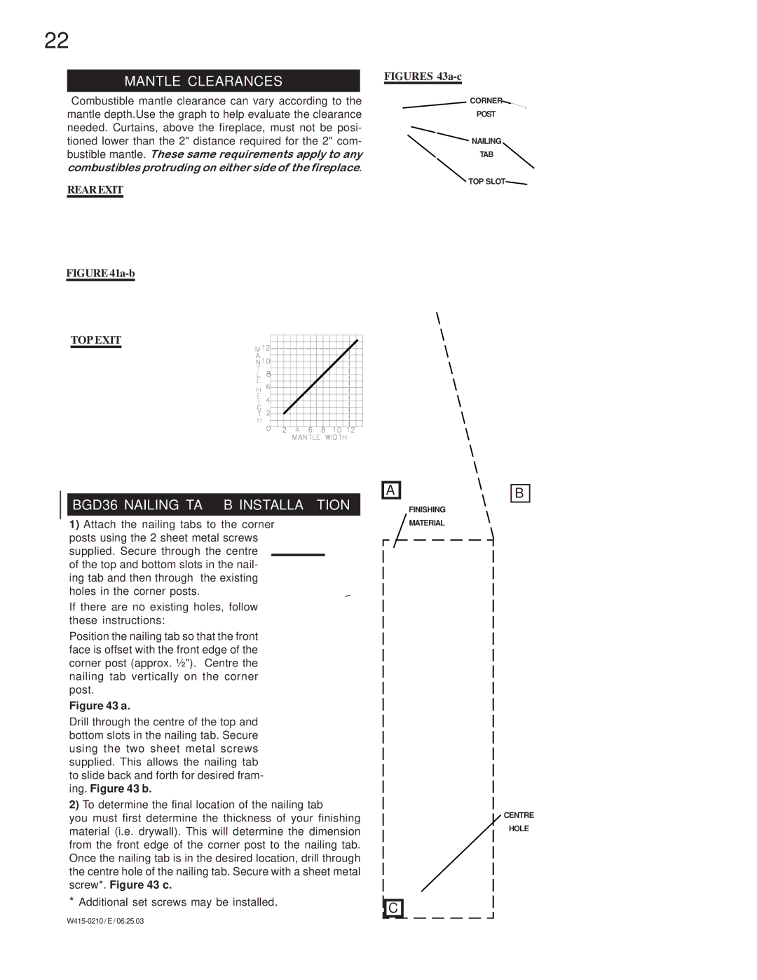 Napoleon Fireplaces BGD36NTR, BGD36PTR manual Mantle Clearances, BGD36 Nailing TAB Installation 