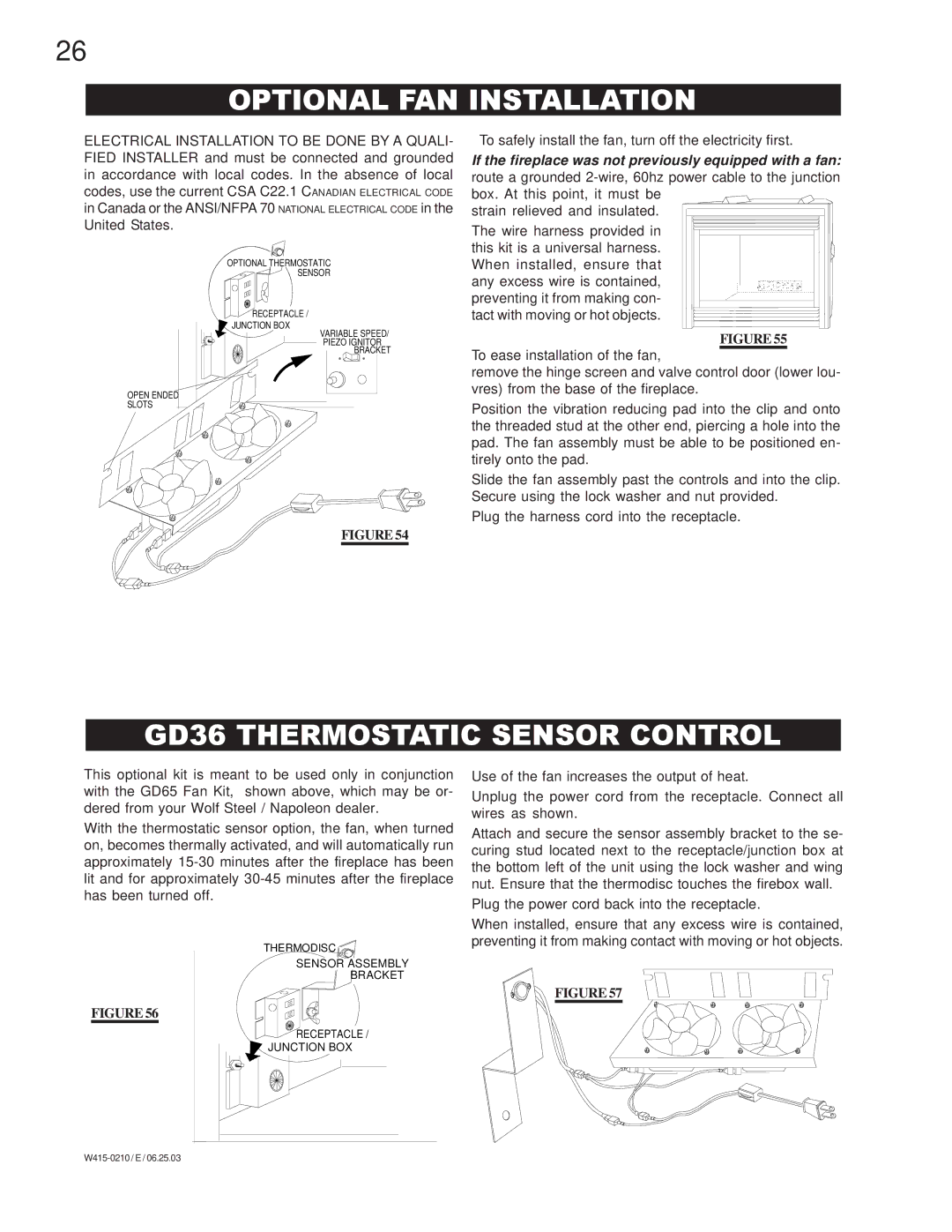 Napoleon Fireplaces BGD36NTR, BGD36PTR manual Optional FAN Installation, GD36 Thermostatic Sensor Control 