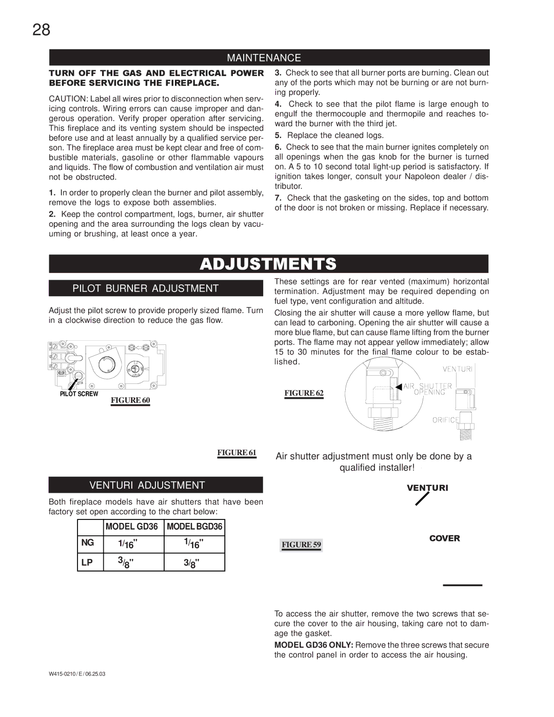 Napoleon Fireplaces GD36PTR, GD36NTR Adjustments, Maintenance, Pilot Burner Adjustment, Venturi Adjustment, Model BGD36 