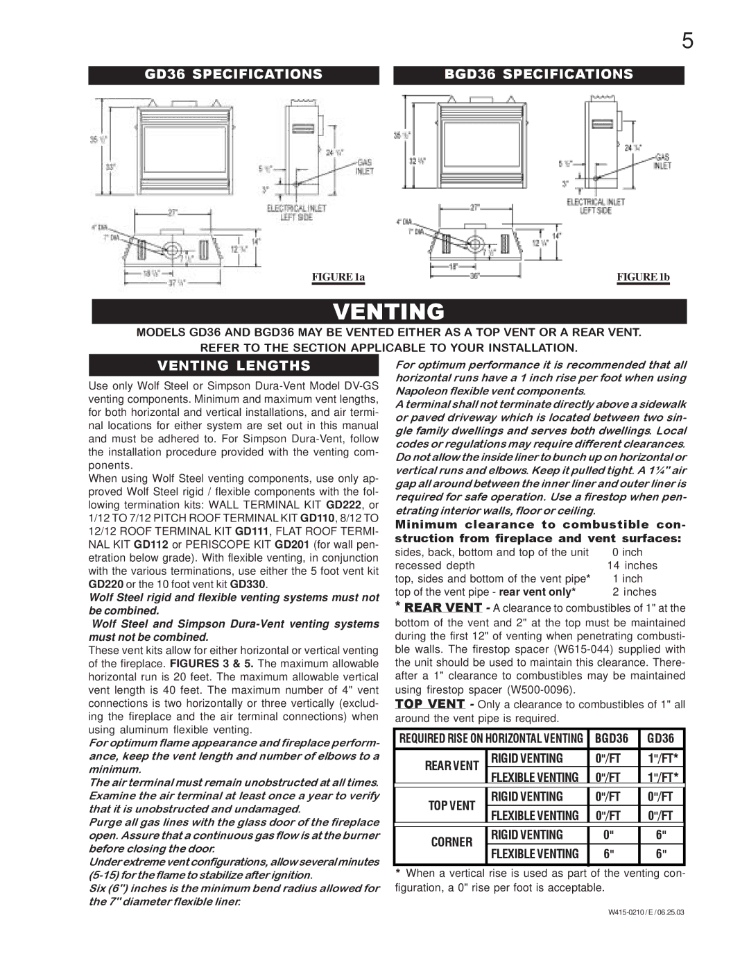 Napoleon Fireplaces BGD36NTR, BGD36PTR manual GD36 Specifications BGD36 Specifications, Venting Lengths 