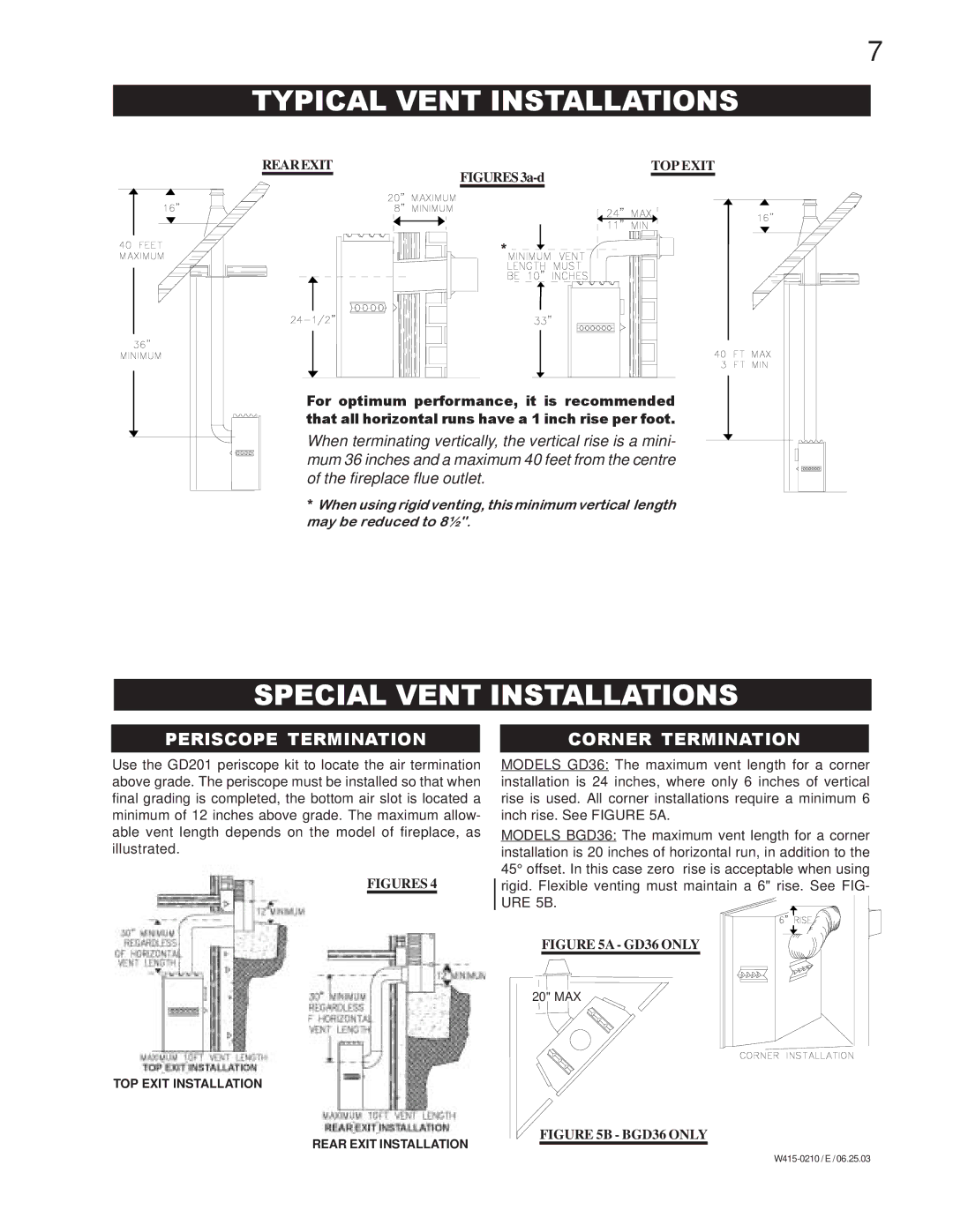 Napoleon Fireplaces BGD36PTR, BGD36NTR manual Typical Vent Installations, Special Vent Installations 