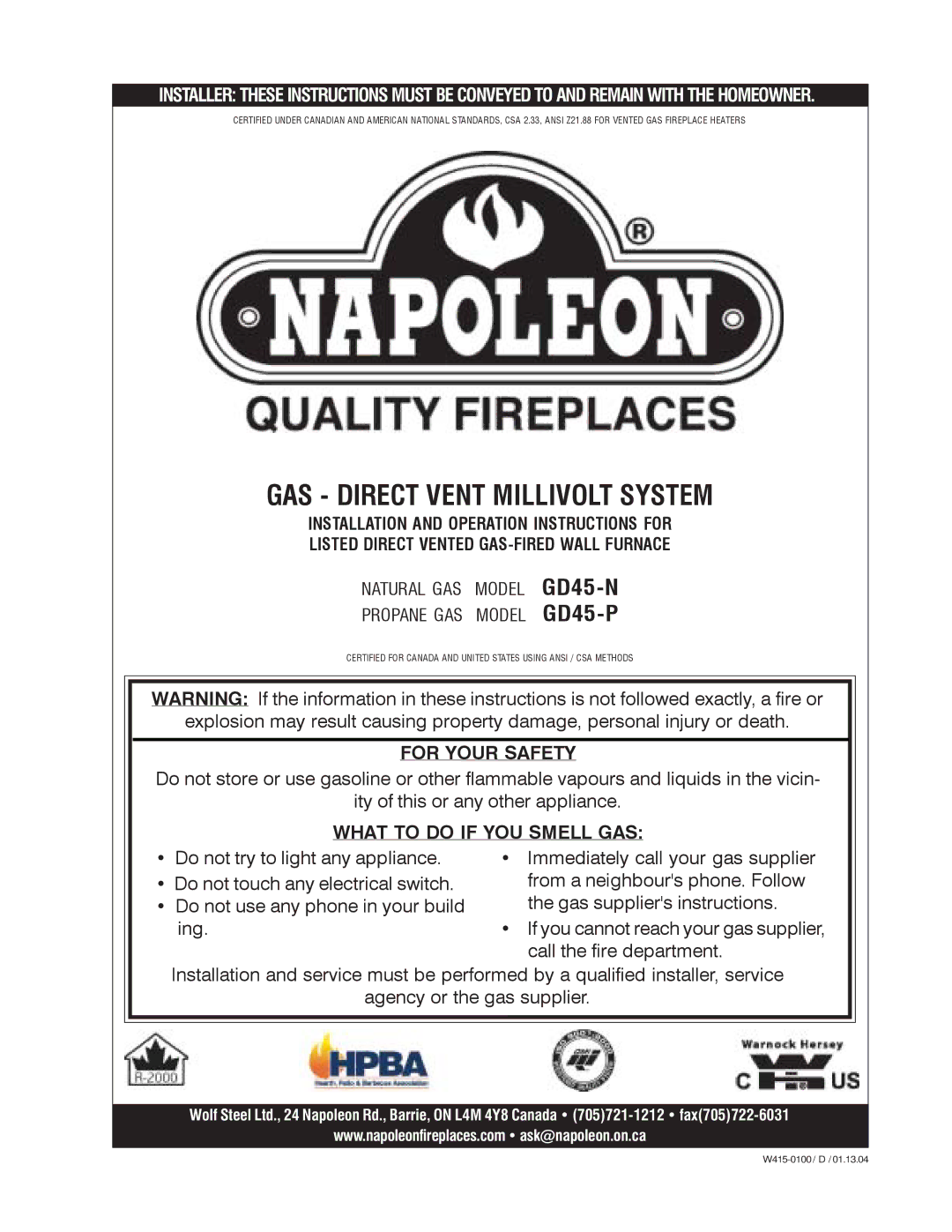 Napoleon Fireplaces GD45-P, GD45-N manual GAS Direct Vent Millivolt System 