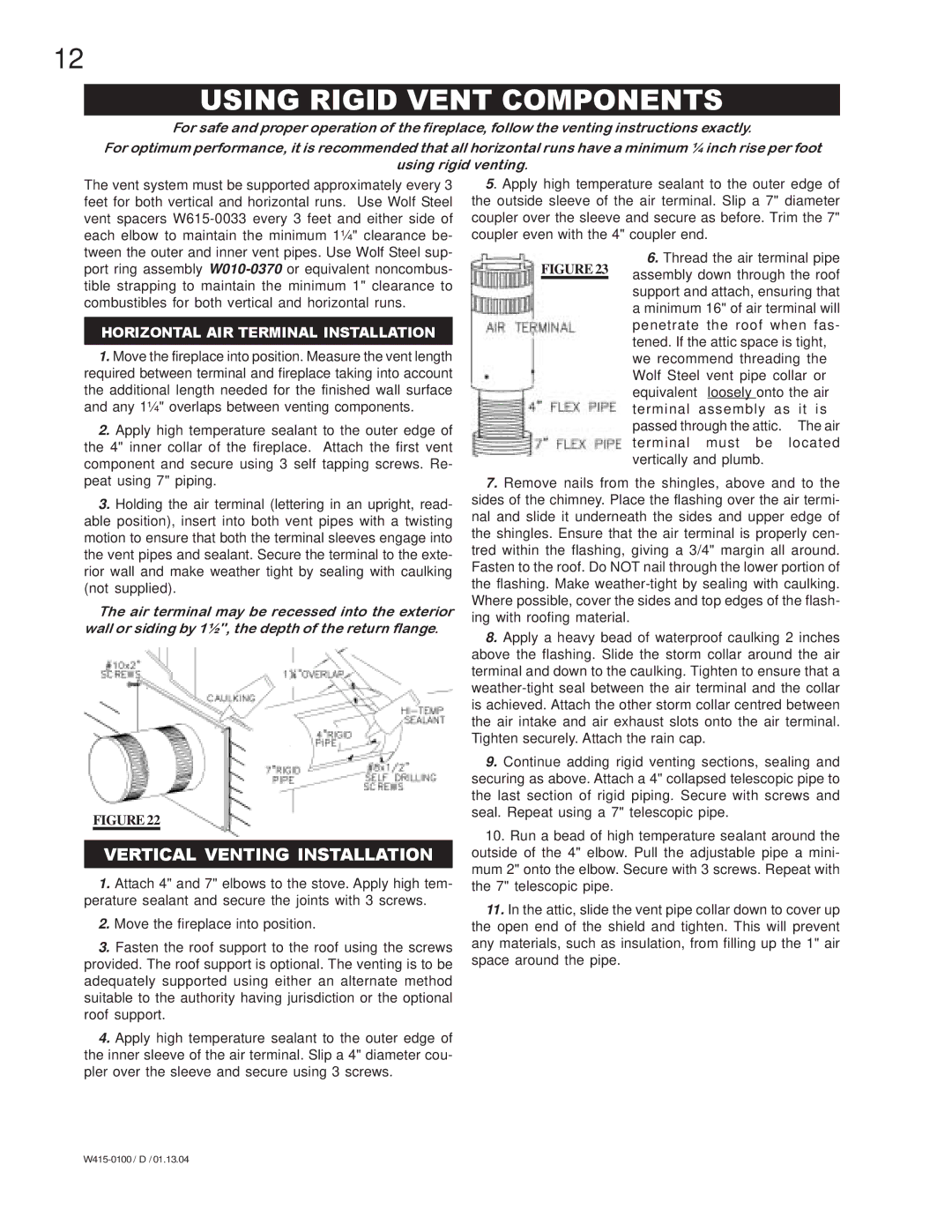 Napoleon Fireplaces GD45-N, GD45-P manual Using Rigid Vent Components, Vertical Venting Installation 