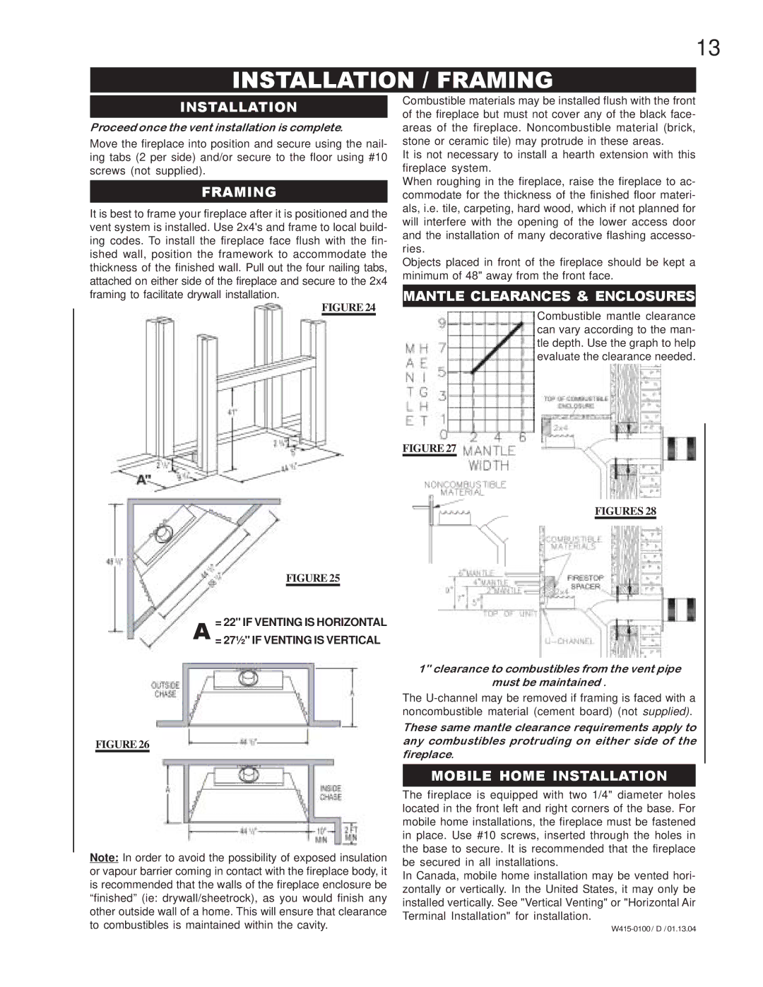 Napoleon Fireplaces GD45-P, GD45-N manual Installation / Framing, Mantle Clearances & Enclosures, Mobile Home Installation 