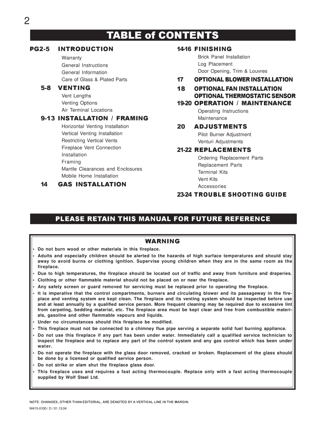 Napoleon Fireplaces GD45-N, GD45-P manual Table of Contents 