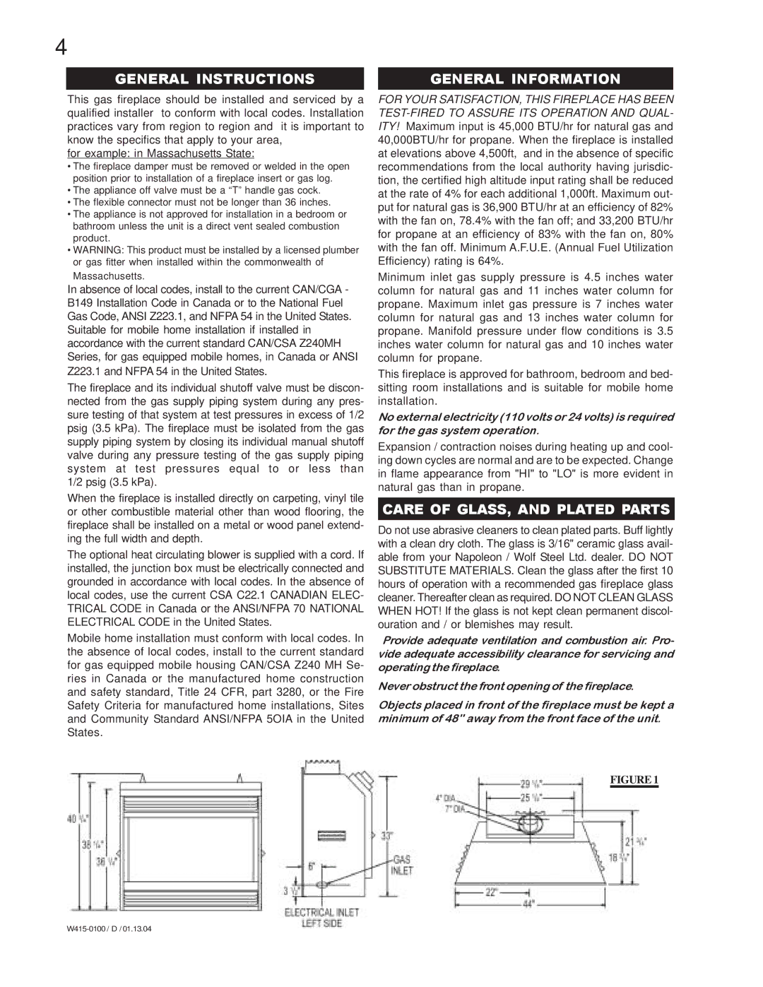 Napoleon Fireplaces GD45-N, GD45-P manual General Instructions, General Information, Care of GLASS, and Plated Parts 