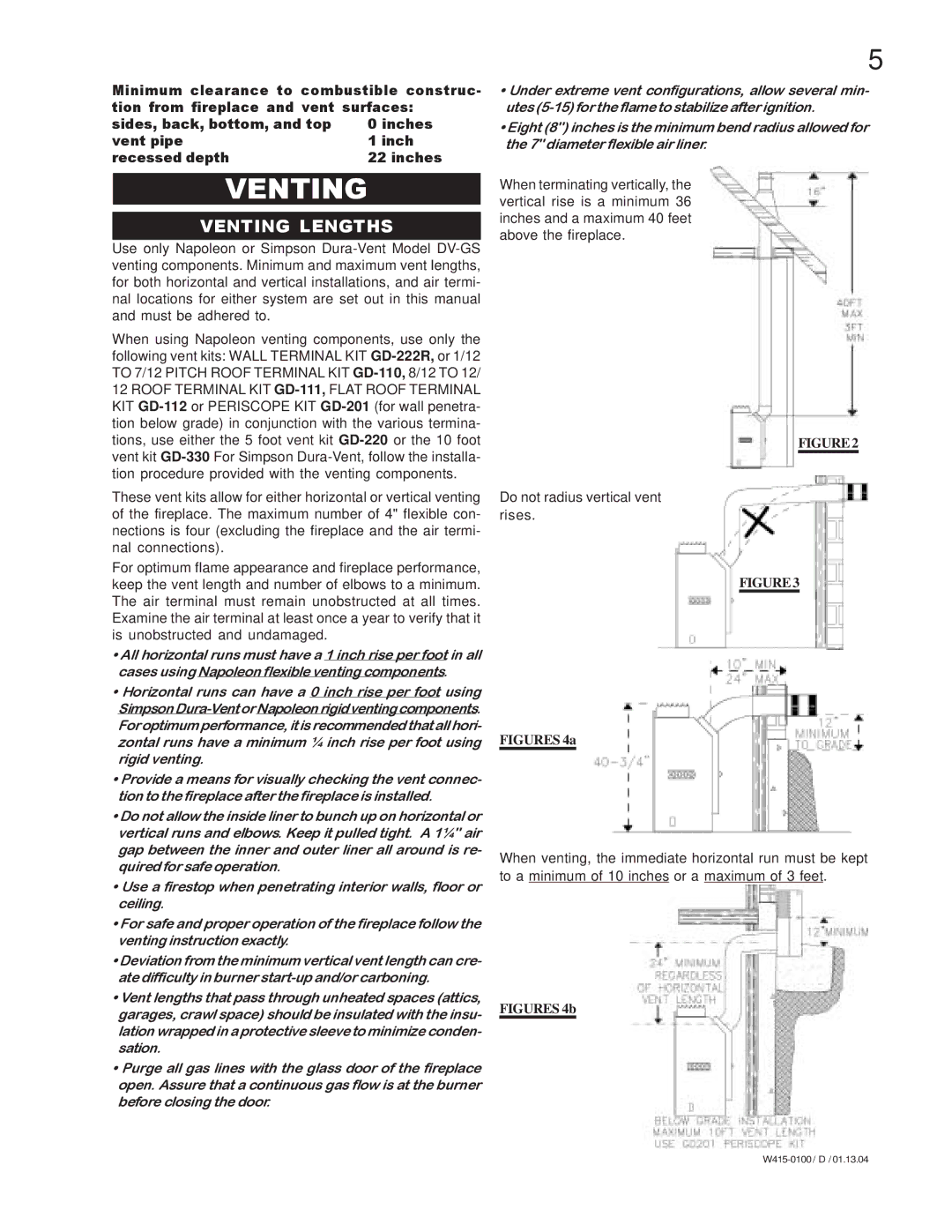 Napoleon Fireplaces GD45-P, GD45-N manual Venting Lengths 