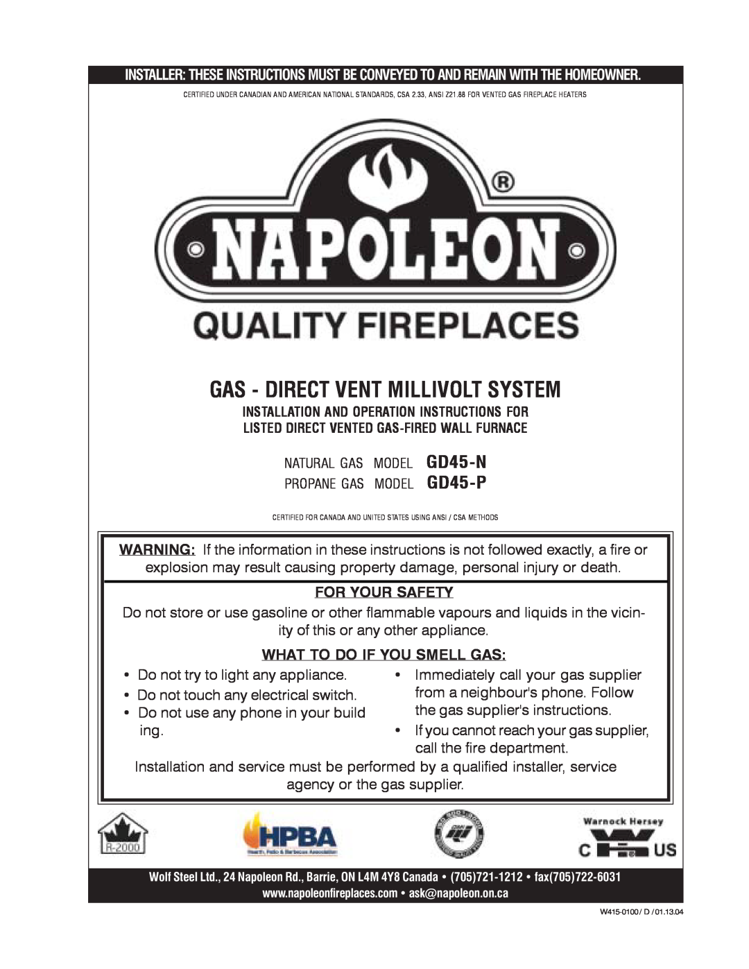 Napoleon Fireplaces manual Gas - Direct Vent Millivolt System, GD45-N GD45-P 
