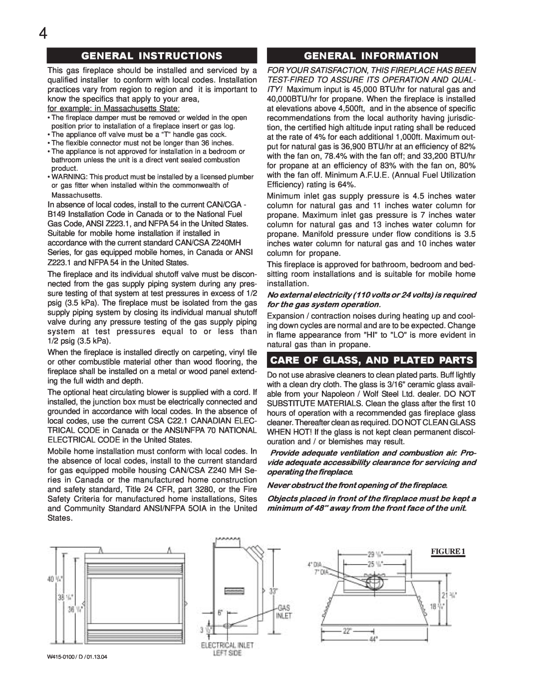 Napoleon Fireplaces GD45-N, GD45-P manual General Instructions, General Information, Care Of Glass, And Plated Parts 