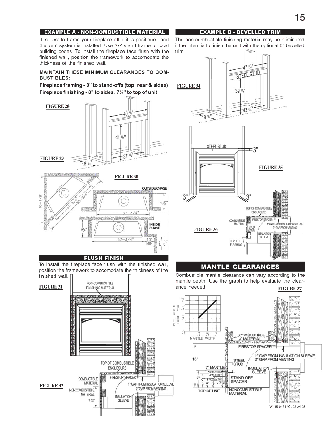 Napoleon Fireplaces GD70PT-S Mantle Clearances, Example a NON-COMBUSTIBLE Material, Flush Finish, Example B Bevelled Trim 