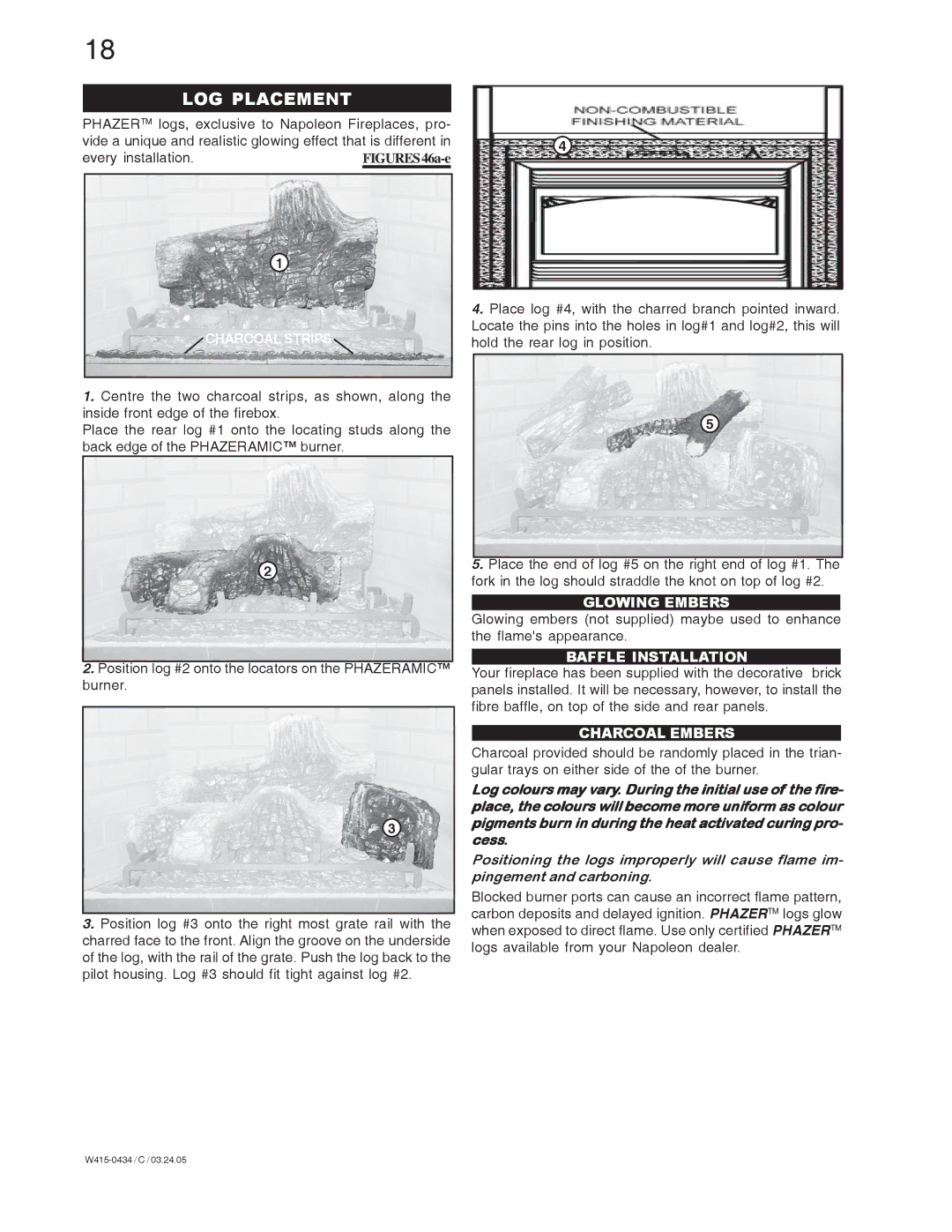 Napoleon Fireplaces GD70NT-S, GD70PT-S manual LOG Placement, Glowing Embers, Baffle Installation, Charcoal Embers 