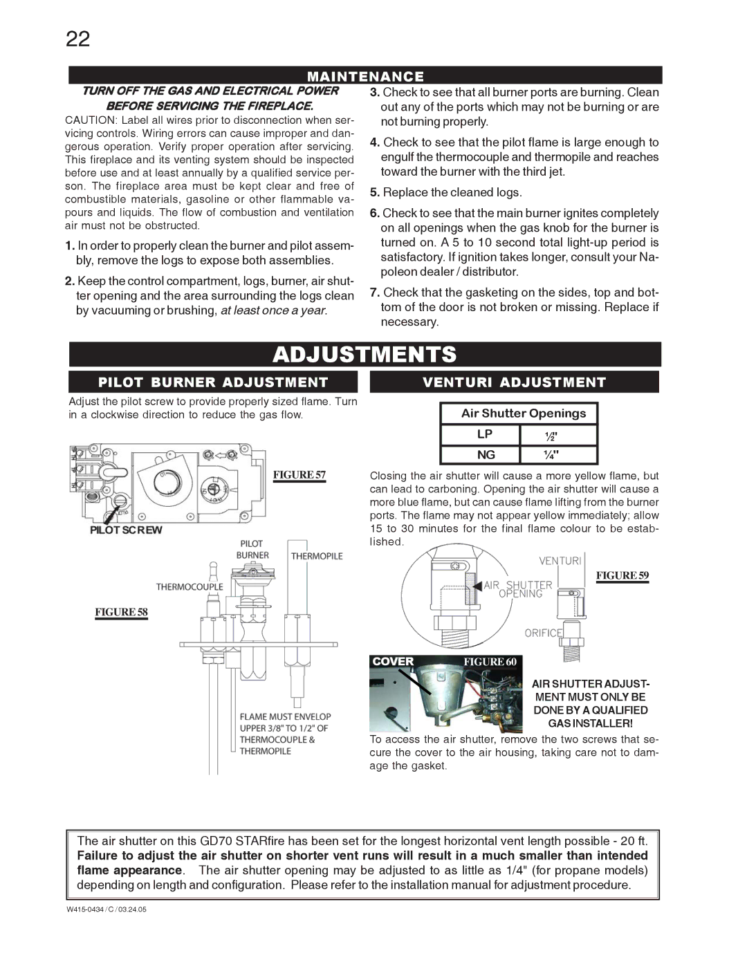 Napoleon Fireplaces GD70NT-S, GD70PT-S manual Adjustments, Maintenance, Pilot Burner Adjustment, Venturi Adjustment 