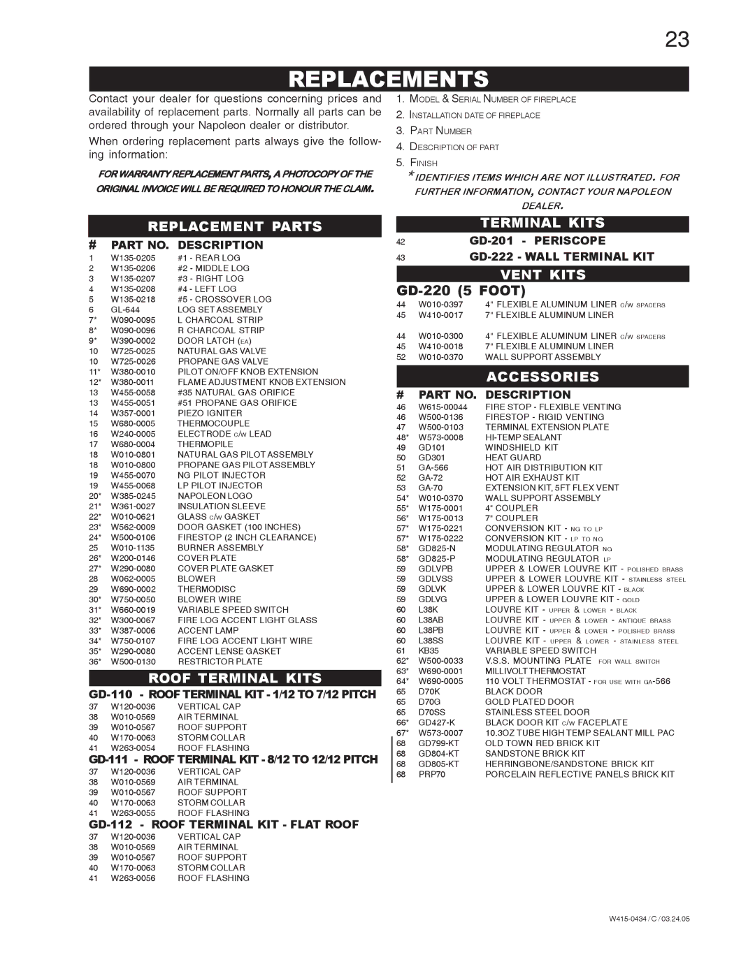 Napoleon Fireplaces GD70PT-S, GD70NT-S manual Replacements 