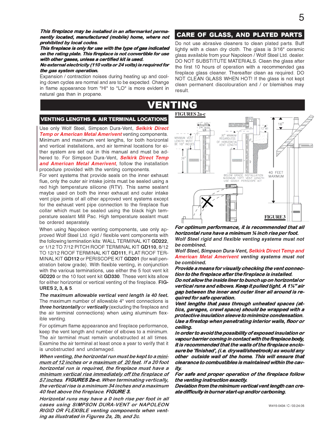 Napoleon Fireplaces GD70PT-S, GD70NT-S manual Care of GLASS, and Plated Parts, Venting Lengths & AIR Terminal Locations 