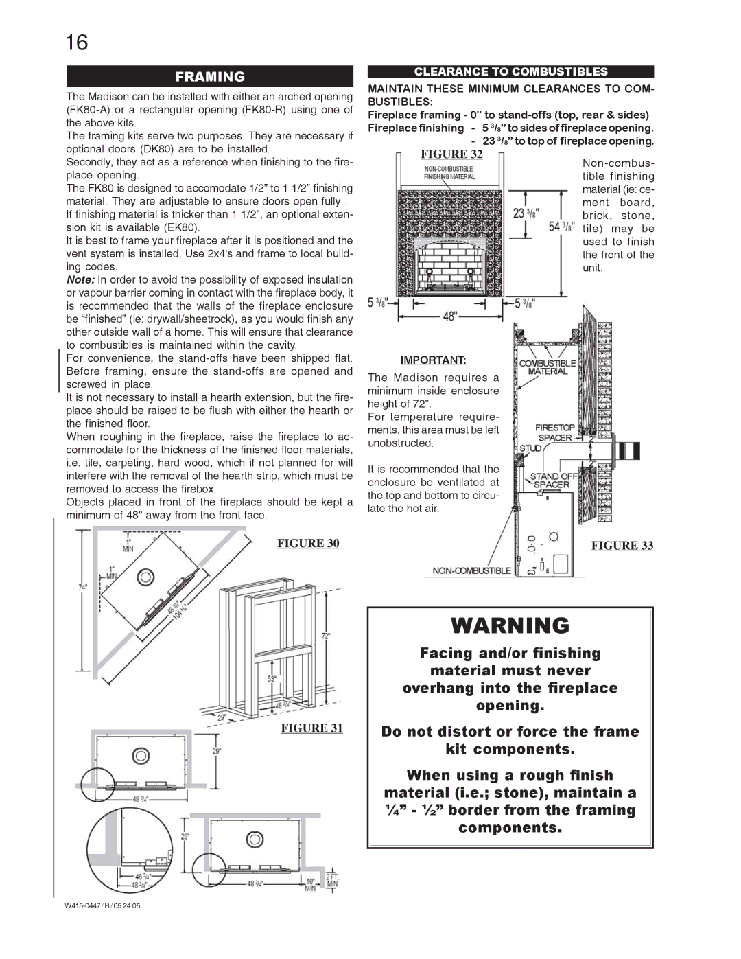 Napoleon Fireplaces GD80PT, GD80NT manual Framing, Clearance to Combustibles 