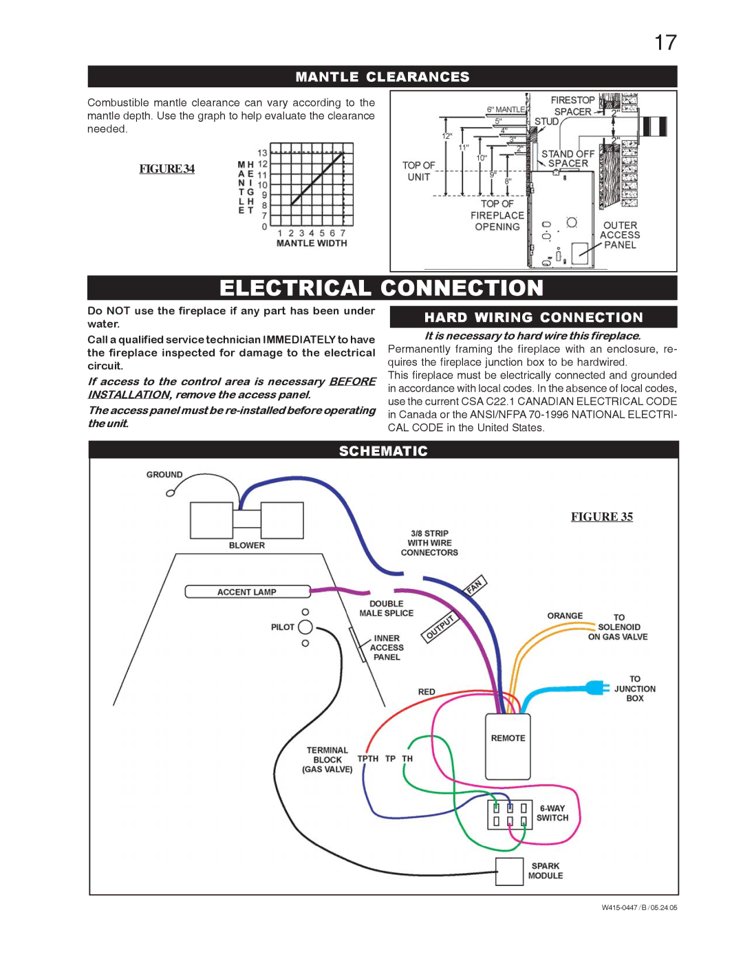 Napoleon Fireplaces GD80NT, GD80PT manual Electrical Connection, Mantle Clearances, Hard Wiring Connection, Schematic 