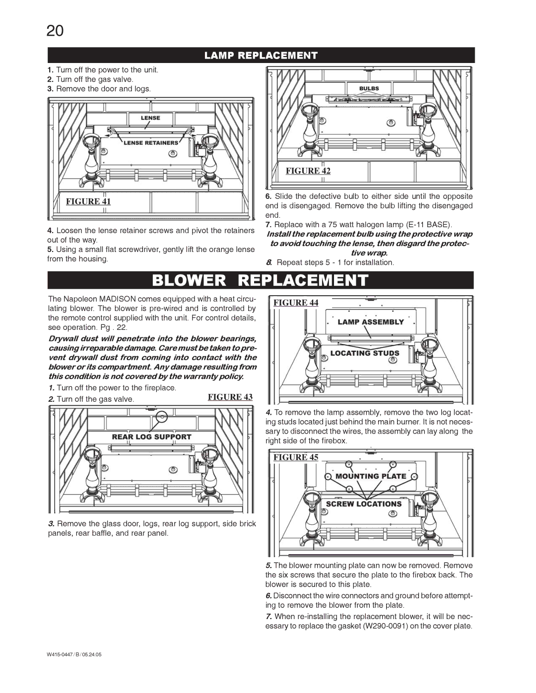 Napoleon Fireplaces GD80PT, GD80NT manual Blower Replacement, Lamp Replacement 