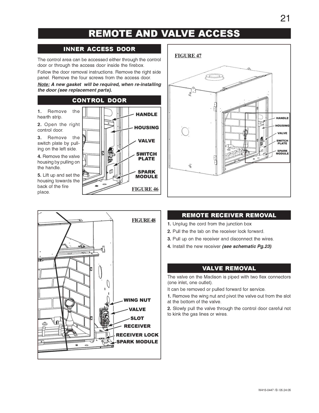 Napoleon Fireplaces GD80NT, GD80PT manual Remote and Valve Access, Inner Access Door, Control Door, Remote Receiver Removal 