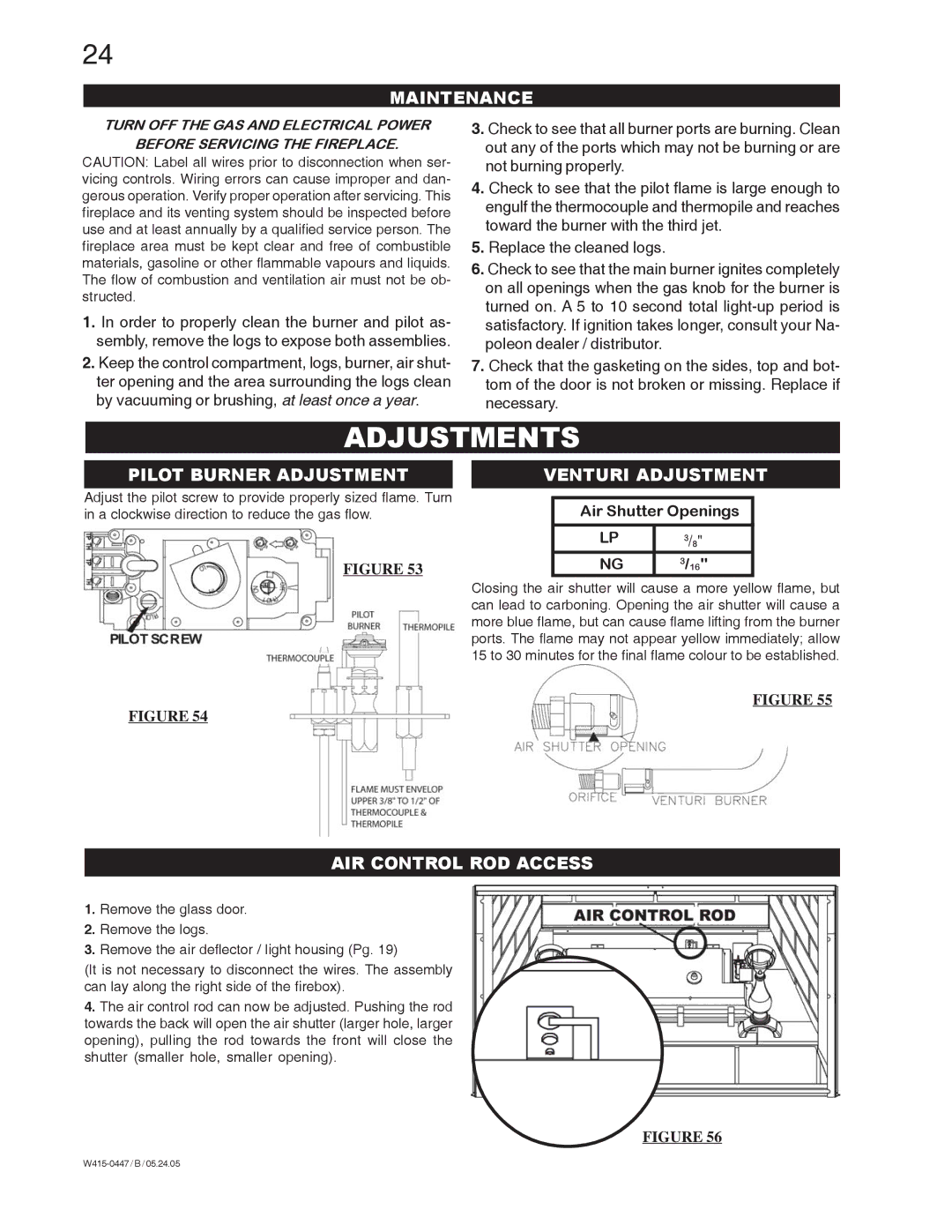 Napoleon Fireplaces GD80PT Adjustments, Maintenance, Pilot Burner Adjustment, Venturi Adjustment, AIR Control ROD Access 