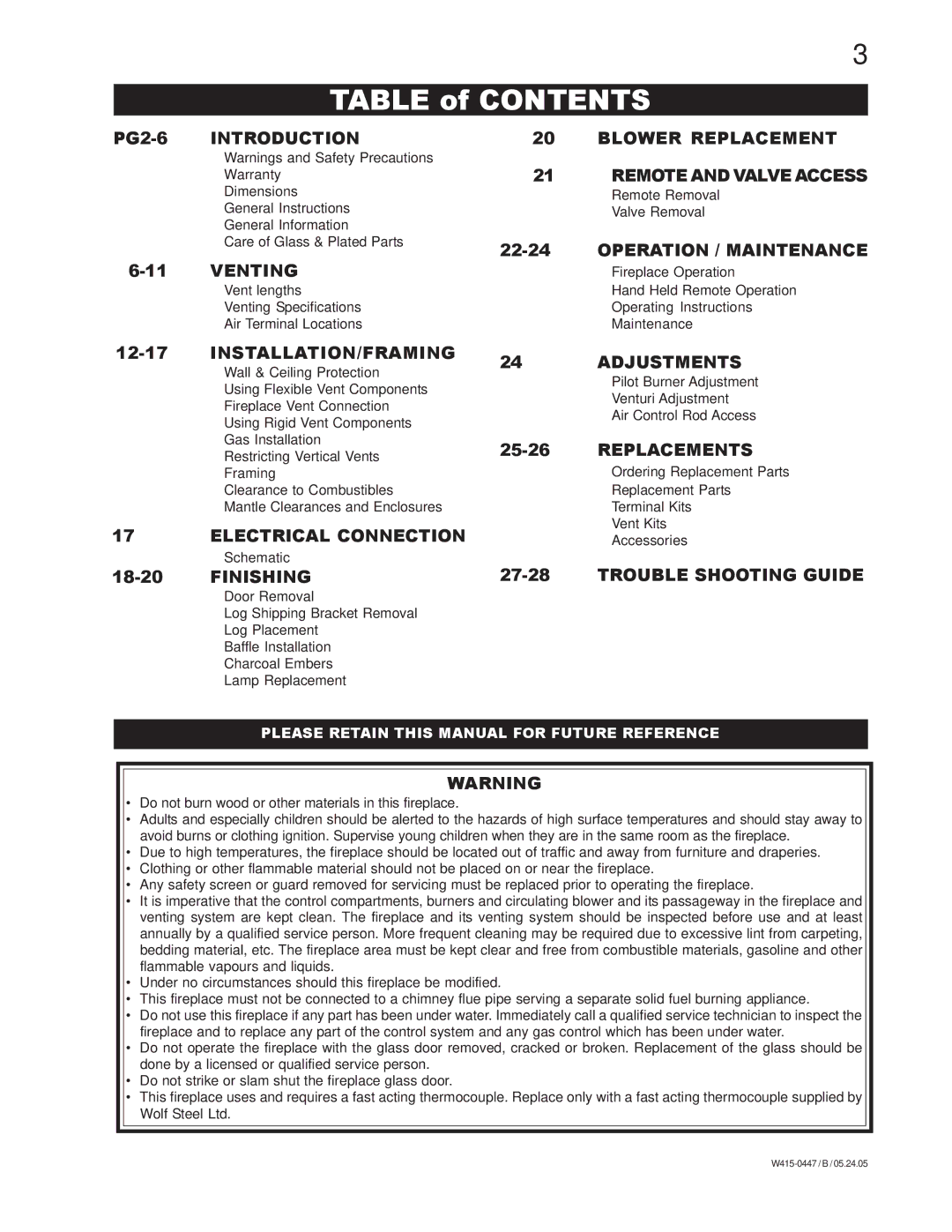 Napoleon Fireplaces GD80NT, GD80PT manual Table of Contents 