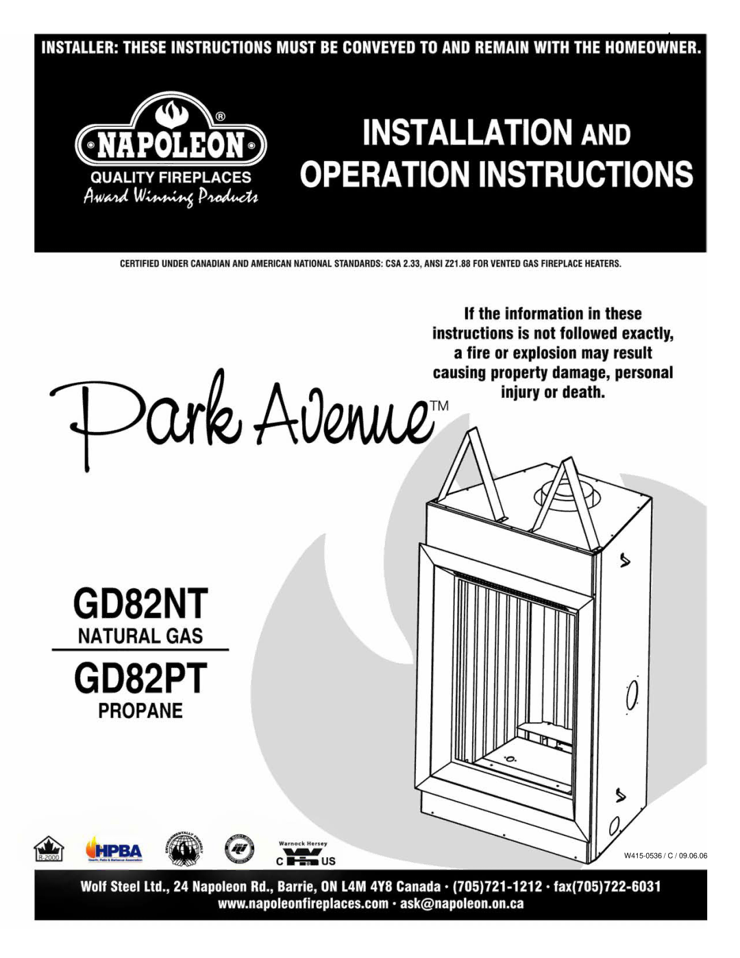 Napoleon Fireplaces GD82NT, GD82PT manual W415-0536 / C 