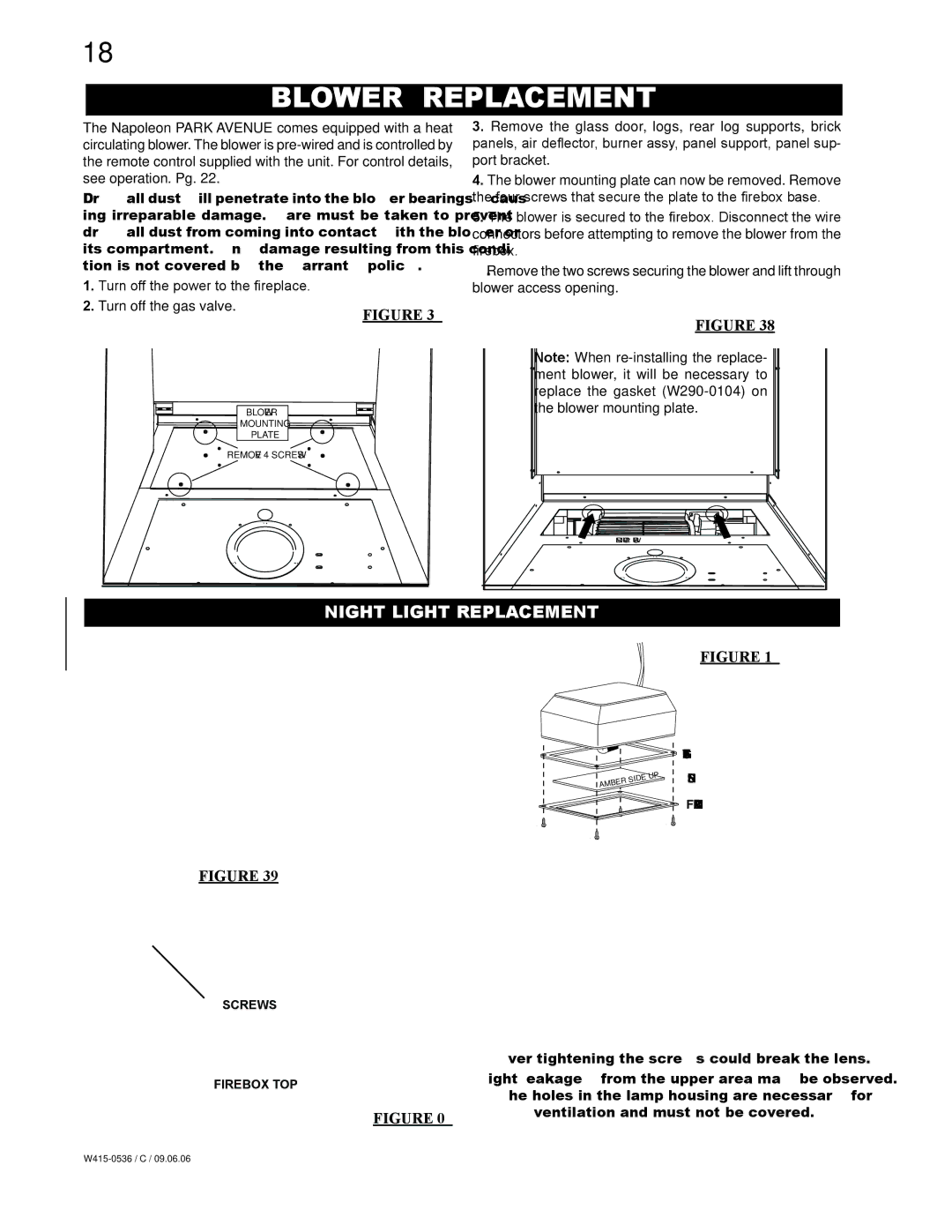 Napoleon Fireplaces GD82PT, GD82NT manual Blower Replacement, Night Light Replacement, Firebox must be sealed 