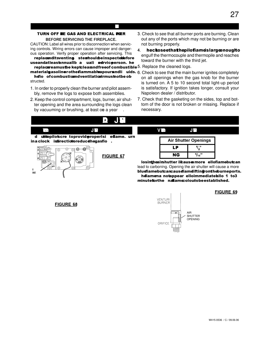 Napoleon Fireplaces GD82NT Adjustments, Maintenance, Pilot Burner Adjustment, Venturi Adjustment, Air Shutter Openings 