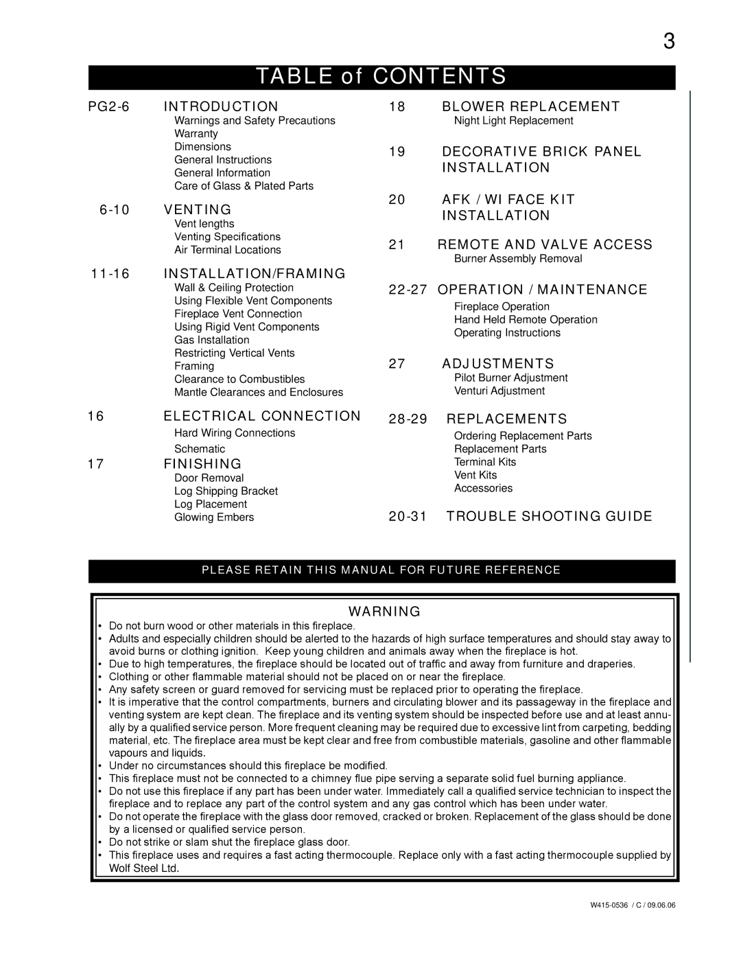 Napoleon Fireplaces GD82NT, GD82PT manual Table of Contents 