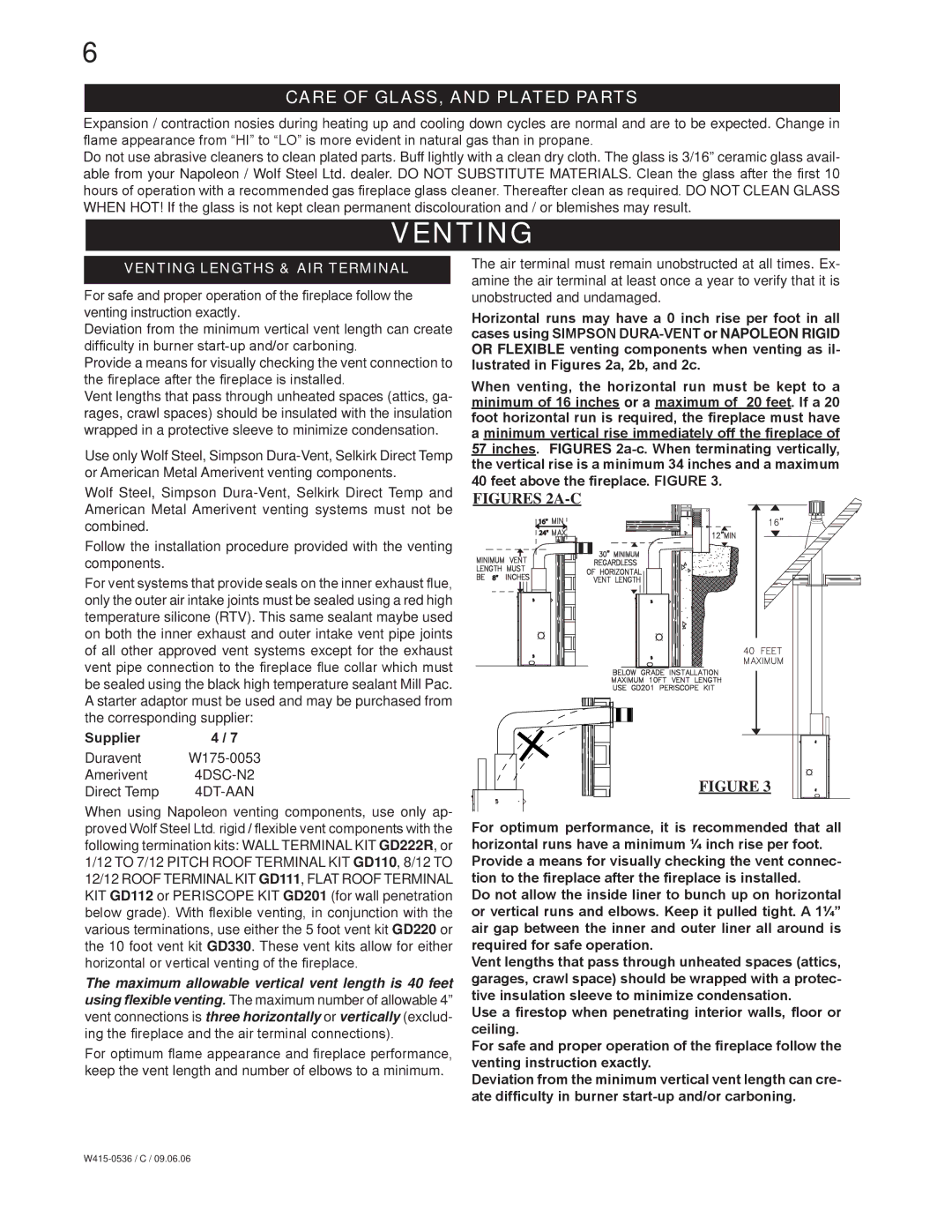 Napoleon Fireplaces GD82PT, GD82NT manual Venting, Care of glass, and plated parts, Supplier 