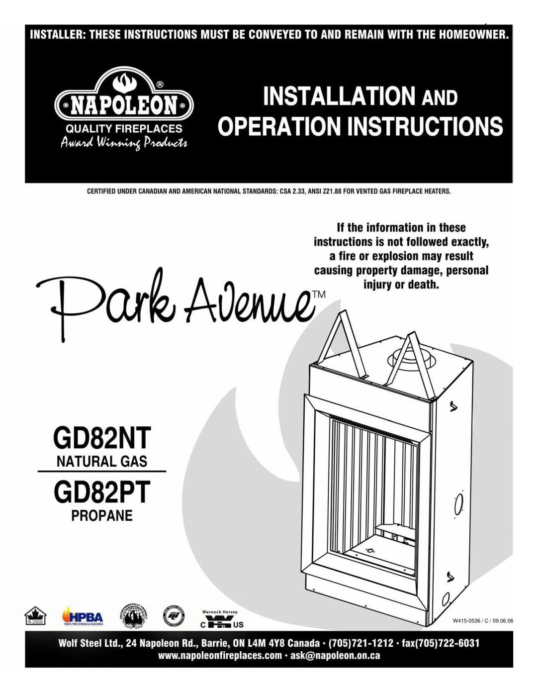 Napoleon Fireplaces GD82NT, GD82PT manual W415-0536 /C 