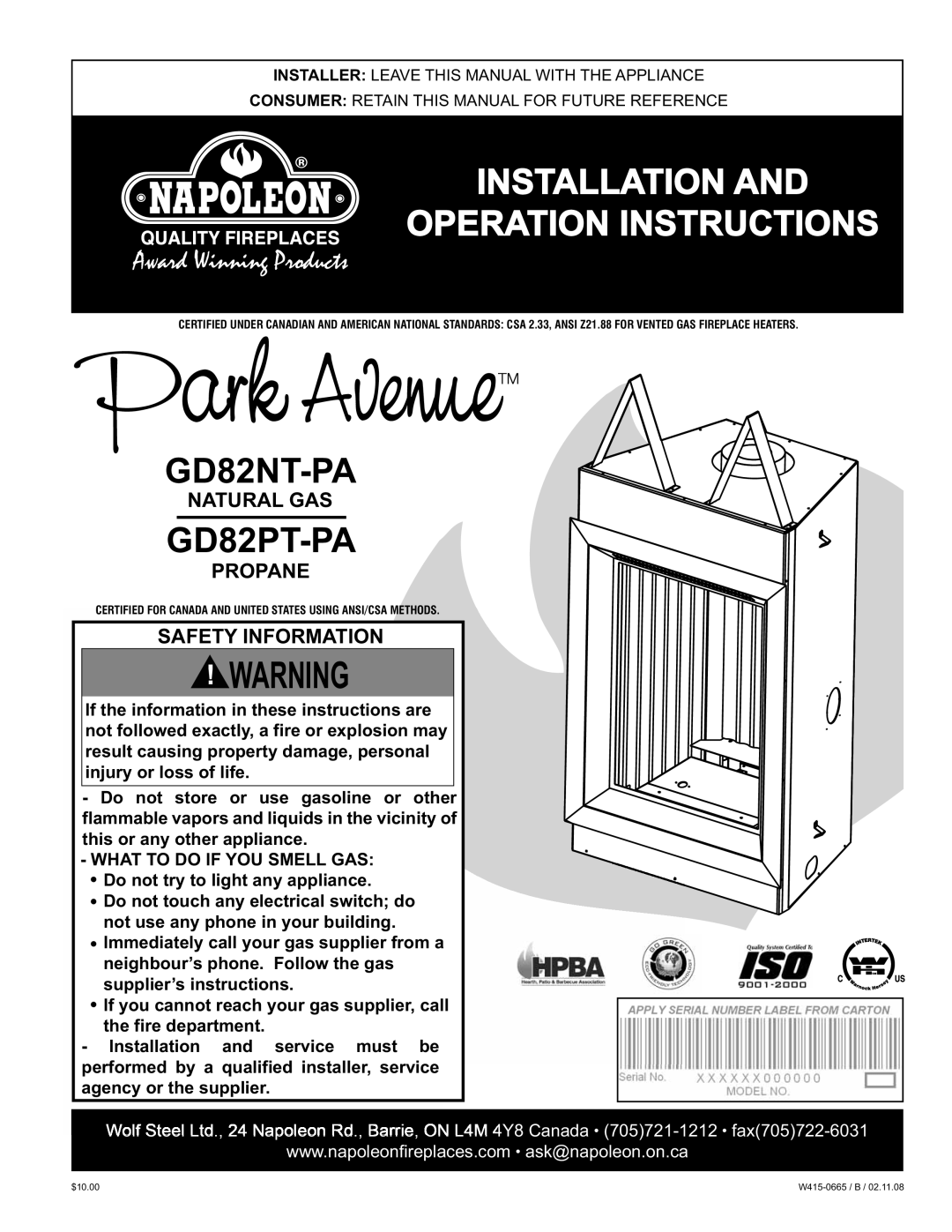 Napoleon Fireplaces GD82NT-PA, GD82PT-PA manual Installation Operation Instructions 