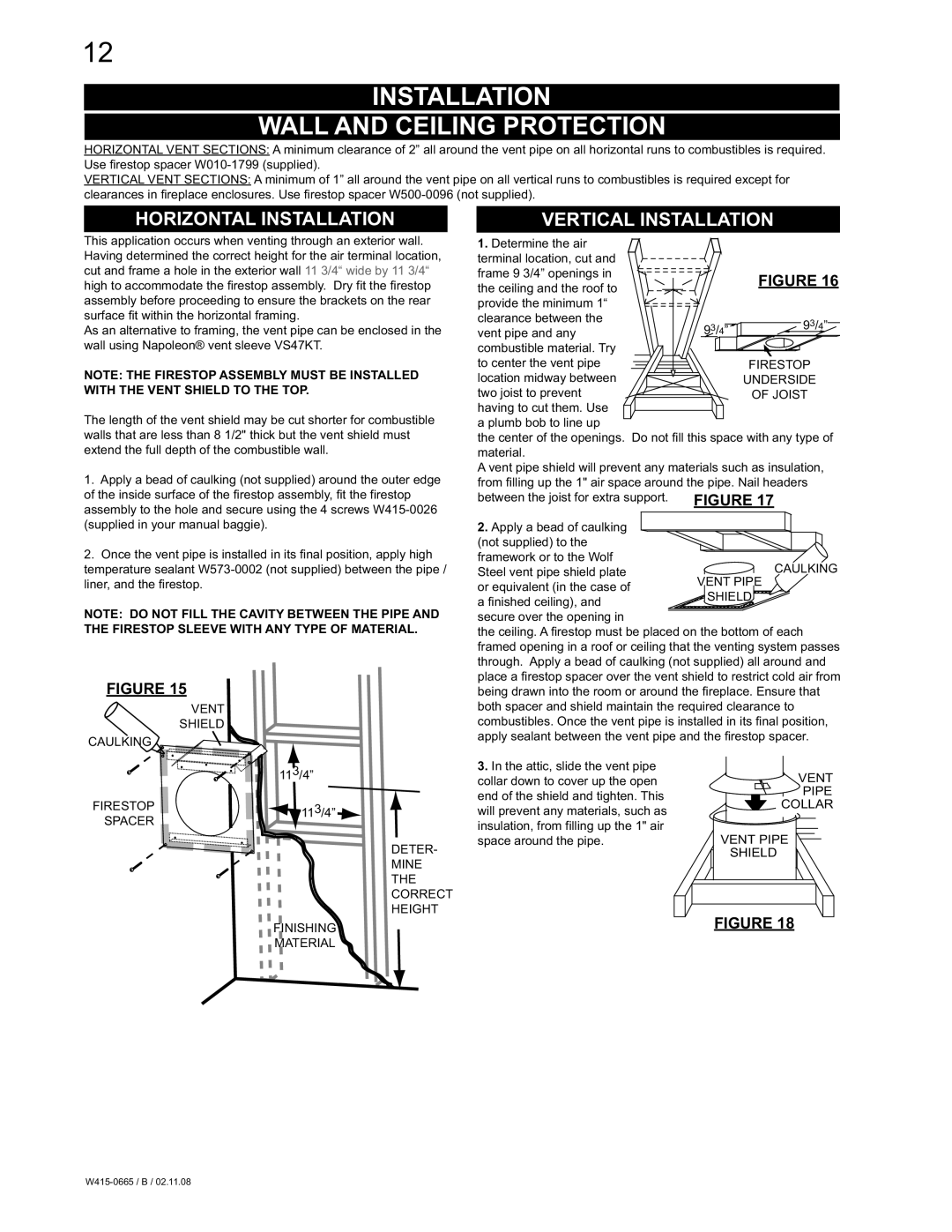 Napoleon Fireplaces GD82PT-PA, GD82NT-PA manual Installation Wall and Ceiling Protection 