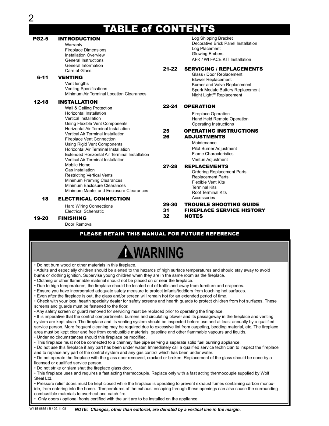 Napoleon Fireplaces GD82PT-PA, GD82NT-PA manual Table of Contents 