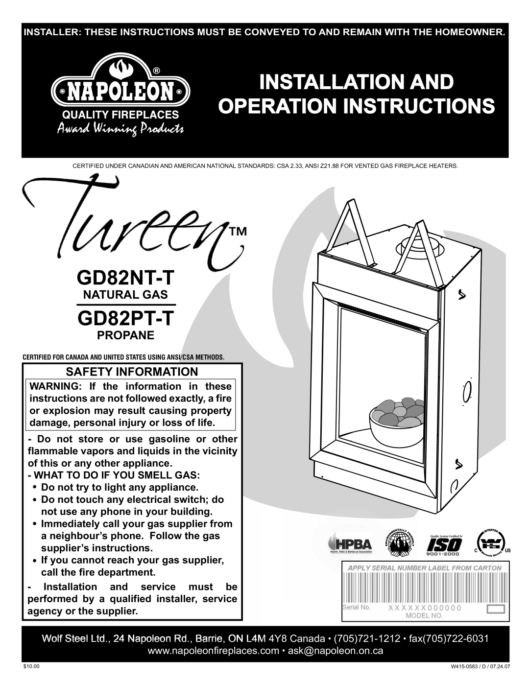 Napoleon Fireplaces GD82NT-T, GD82PT-T manual Installation Operation Instructions 