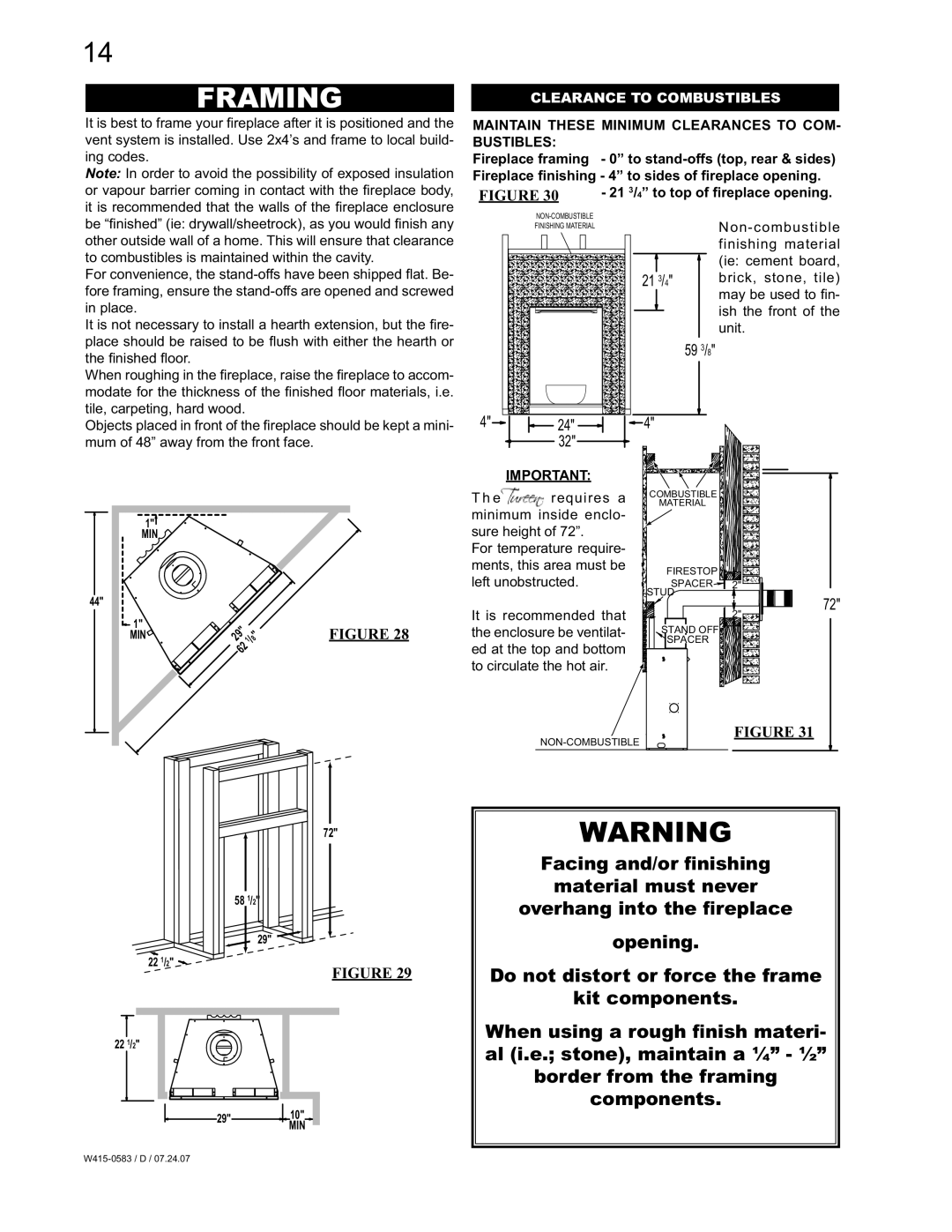 Napoleon Fireplaces GD82PT-T, GD82NT-T manual Framing, Clearance to Combustibles 